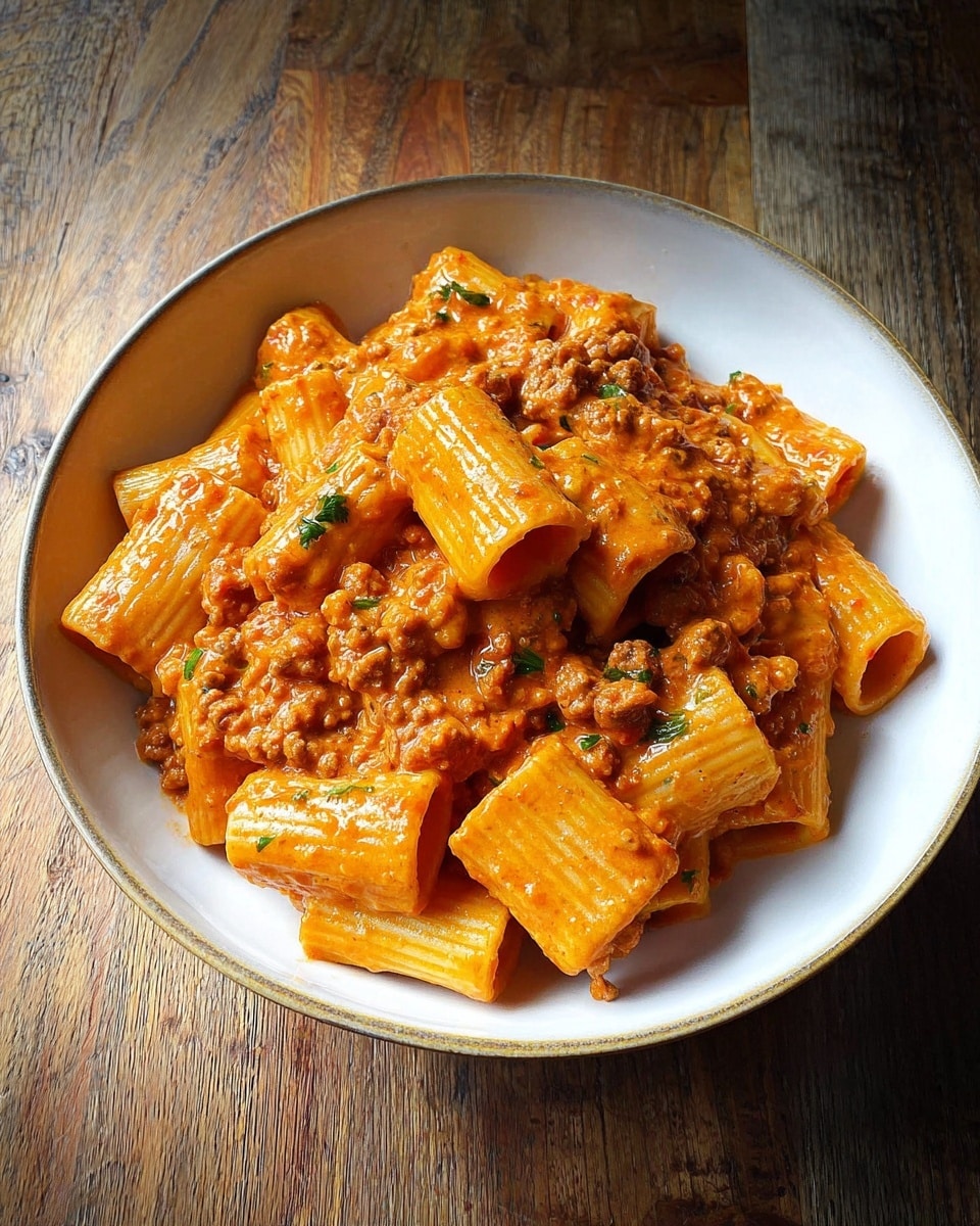 A white bowl filled with large, tube-shaped rigatoni pasta covered in a thick, creamy orange-red sauce with small pieces of ground meat and green herbs mixed throughout, the pasta pieces are well coated and slightly shiny, sitting on a rustic wooden table surface. photo taken with an iphone --ar 4:5 --v 7