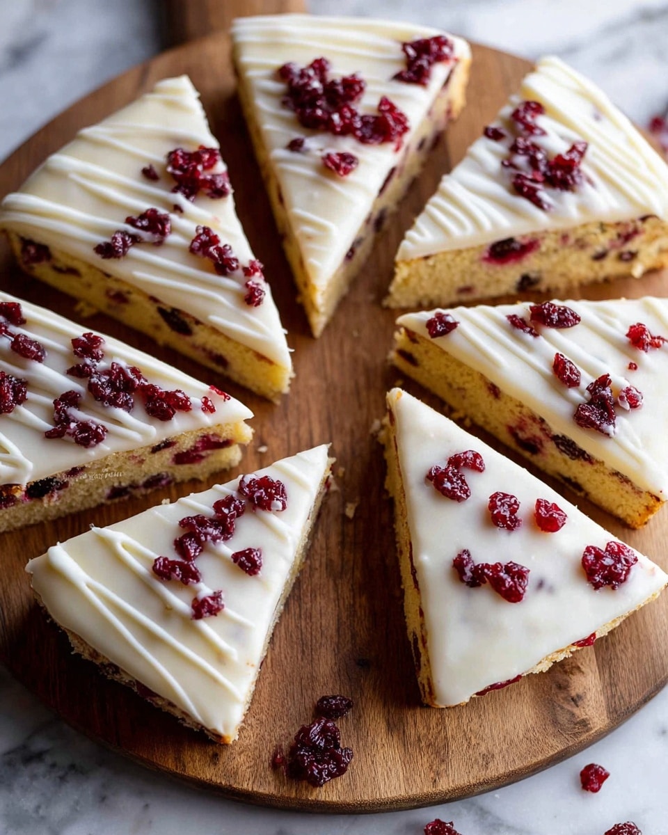 The image shows a round cake cut into triangular slices placed on a wooden board over a white marbled texture. The cake has two visible layers: the bottom layer is light brown with dark red berry pieces mixed inside, giving it a textured and slightly crumbly look. The top layer is smooth white icing, decorated with white icing drizzles and topped with small pieces of dark red berries scattered evenly across each slice. A few berry pieces are also scattered on the wooden board near the slices. photo taken with an iphone --ar 4:5 --v 7