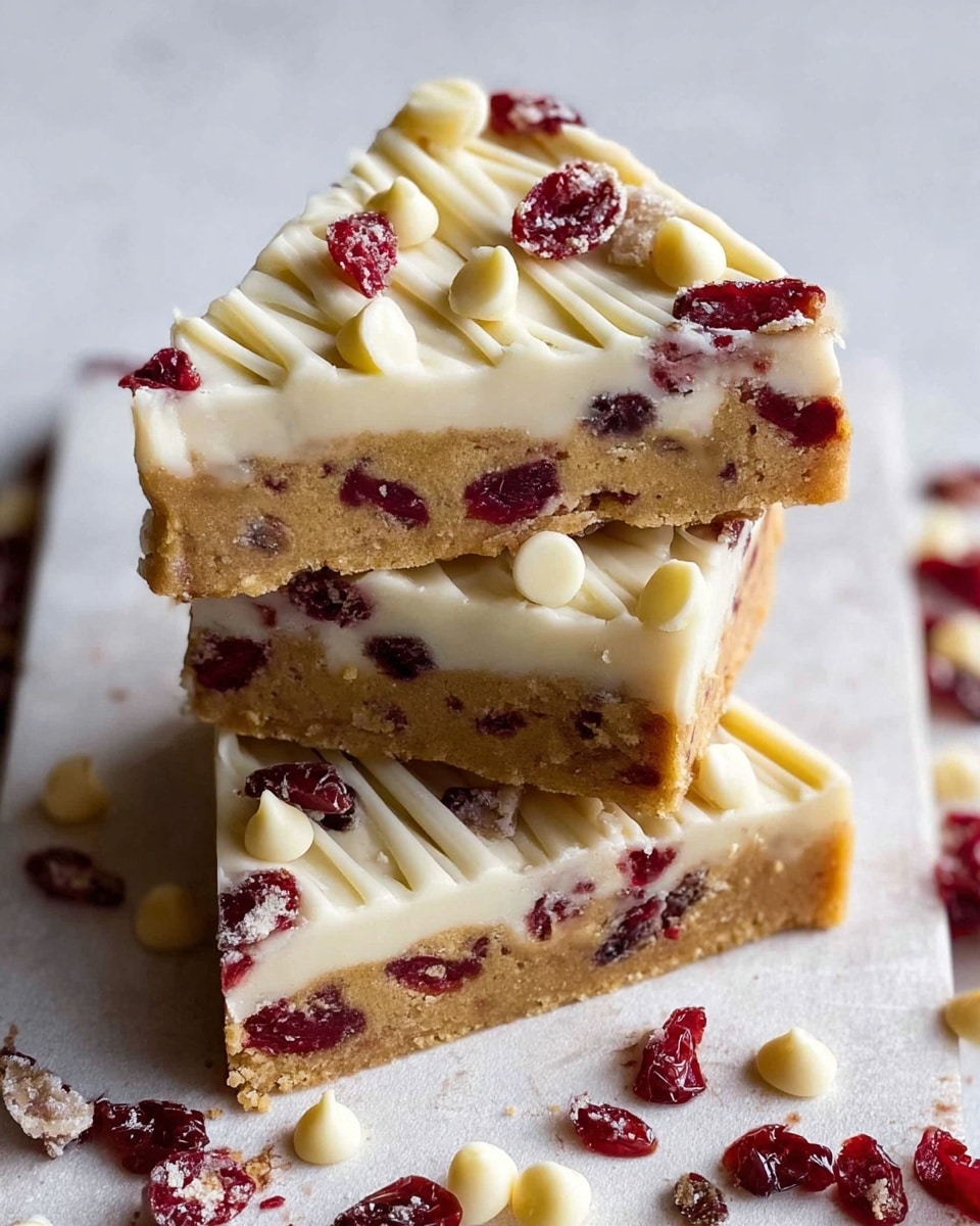 The image shows three stacked triangular bars with two layers each. The bottom layer is light brown with visible red dried cranberries inside, showing a soft and crumbly texture. The top layer is thick white cream with a smooth and swirled pattern, sprinkled with more dried red cranberries and white chocolate chips on the surface. The bars sit on a white marbled textured surface with some crumbs and scattered dried cranberries around them. Photo taken with an iphone --ar 4:5 --v 7