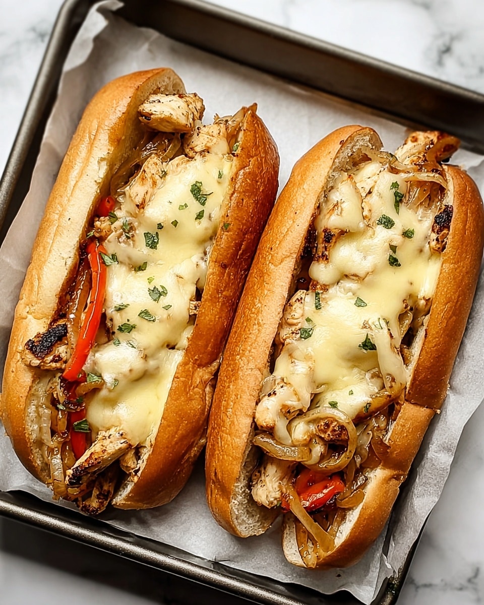Two sandwiches sit inside a baking tray lined with white paper, each made with a soft, light brown bun sliced open lengthwise. Inside, there is a layer of grilled chicken pieces mixed with cooked red pepper strips and bits of cooked onion, showing a light brown and slightly charred texture. On top, melted pale yellow cheese blankets the filling unevenly, with small green herb bits sprinkled over. The tray rests on a white marbled surface. photo taken with an iphone --ar 4:5 --v 7