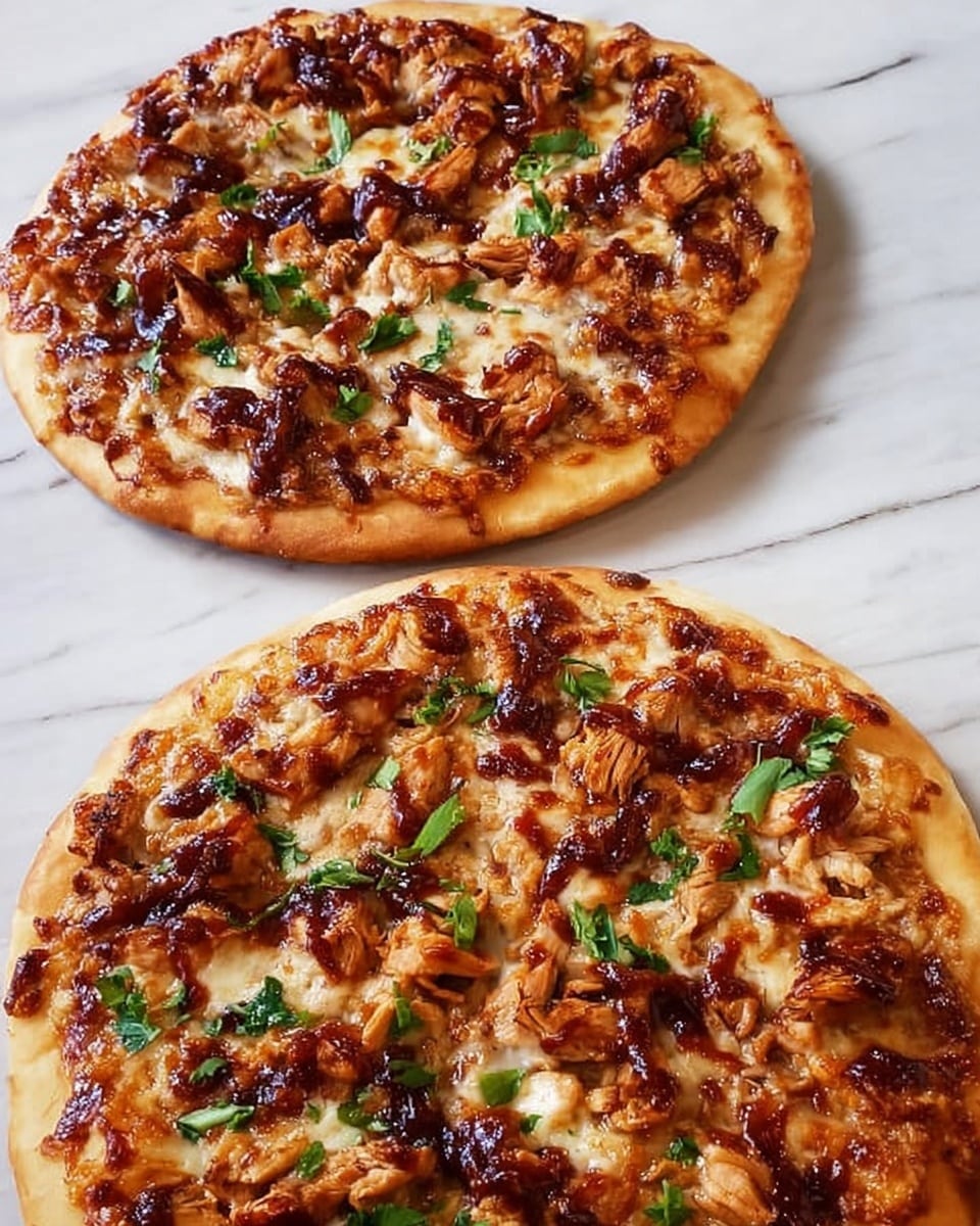Two round pizzas with a thick, golden-brown crust sit on a white marbled surface. Each pizza has a base layer of melted cheese that is light brown and bubbly. On top, there are scattered cooked chicken pieces with a rich, brown color mixed with reddish-brown barbecue sauce. Small green herb leaves are sprinkled evenly across both pizzas, adding a touch of freshness. The pizzas are cut into slices but remain whole. photo taken with an iphone --ar 4:5 --v 7