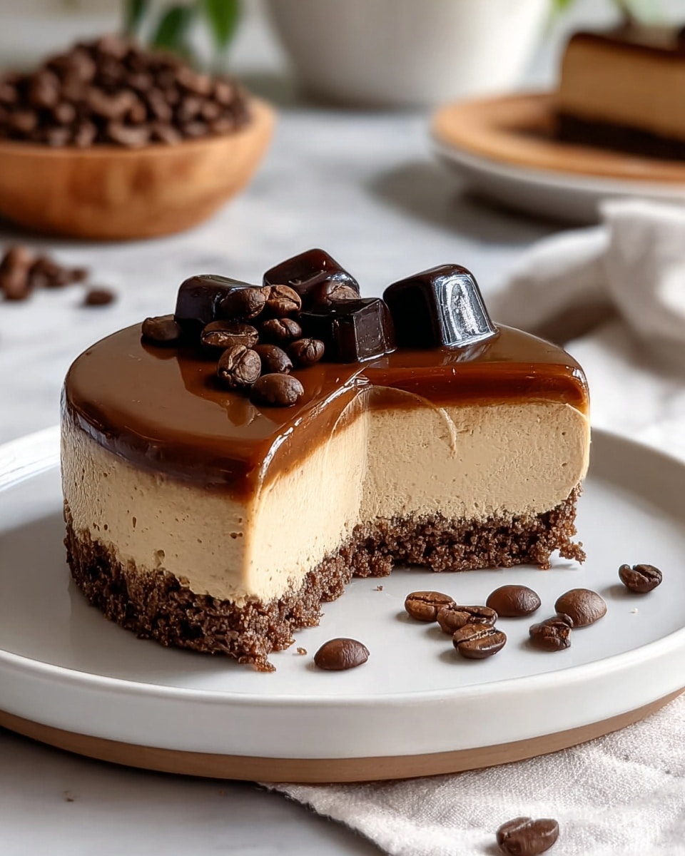 A round dessert with three visible layers sits on a white plate on a white marbled texture. The bottom layer is thick, crumbly, and dark brown, resembling a chocolate crust. The middle layer is creamy, smooth, and light beige, similar to a coffee-flavored mousse or cheesecake. The top layer is a shiny, dark caramel-colored glaze that covers the entire surface. On top of the dessert are several glossy coffee beans and three shiny, dark coffee jelly cubes as decoration. Some coffee beans are scattered around the plate as well. In the background, a white plate with more coffee beans and a wooden bowl filled with coffee beans can be seen, along with a white cloth. photo taken with an iphone --ar 4:5 --v 7