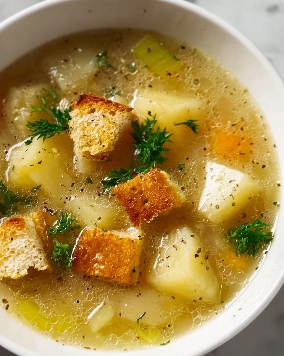 A white bowl filled with light yellow broth containing several large, soft potato chunks. Floating in the broth are golden brown croutons with a crunchy texture. Fresh bright green parsley leaves are scattered on top, adding color contrast. Small specks of herbs and black pepper are sprinkled throughout the soup surface, creating a textured look. The bowl rests on a white marbled surface, showing a close-up, detailed view of the warm and comforting soup. photo taken with an iphone --ar 4:5 --v 7