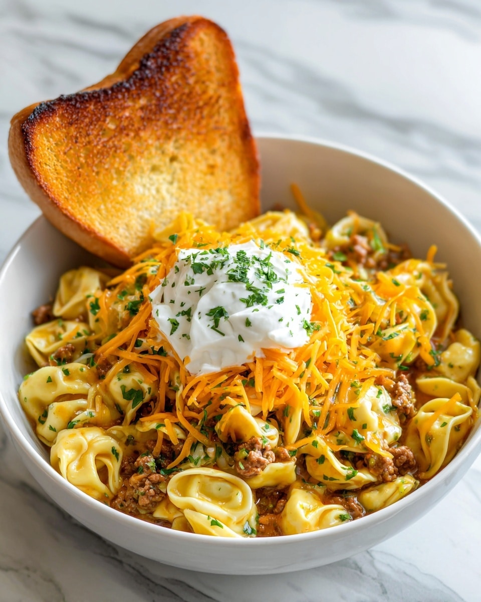 A white bowl filled with creamy yellow pasta tortellini mixed with ground meat and small bits of herbs, creating a textured and hearty base layer. On top, a layer of shredded orange cheddar cheese is generously spread, with a dollop of white sour cream garnished with small green herbs sitting in the center. At the back of the bowl, a golden-brown toasted bread slice leans against the pasta. The bowl is placed on a white marbled surface. photo taken with an iphone --ar 4:5 --v 7