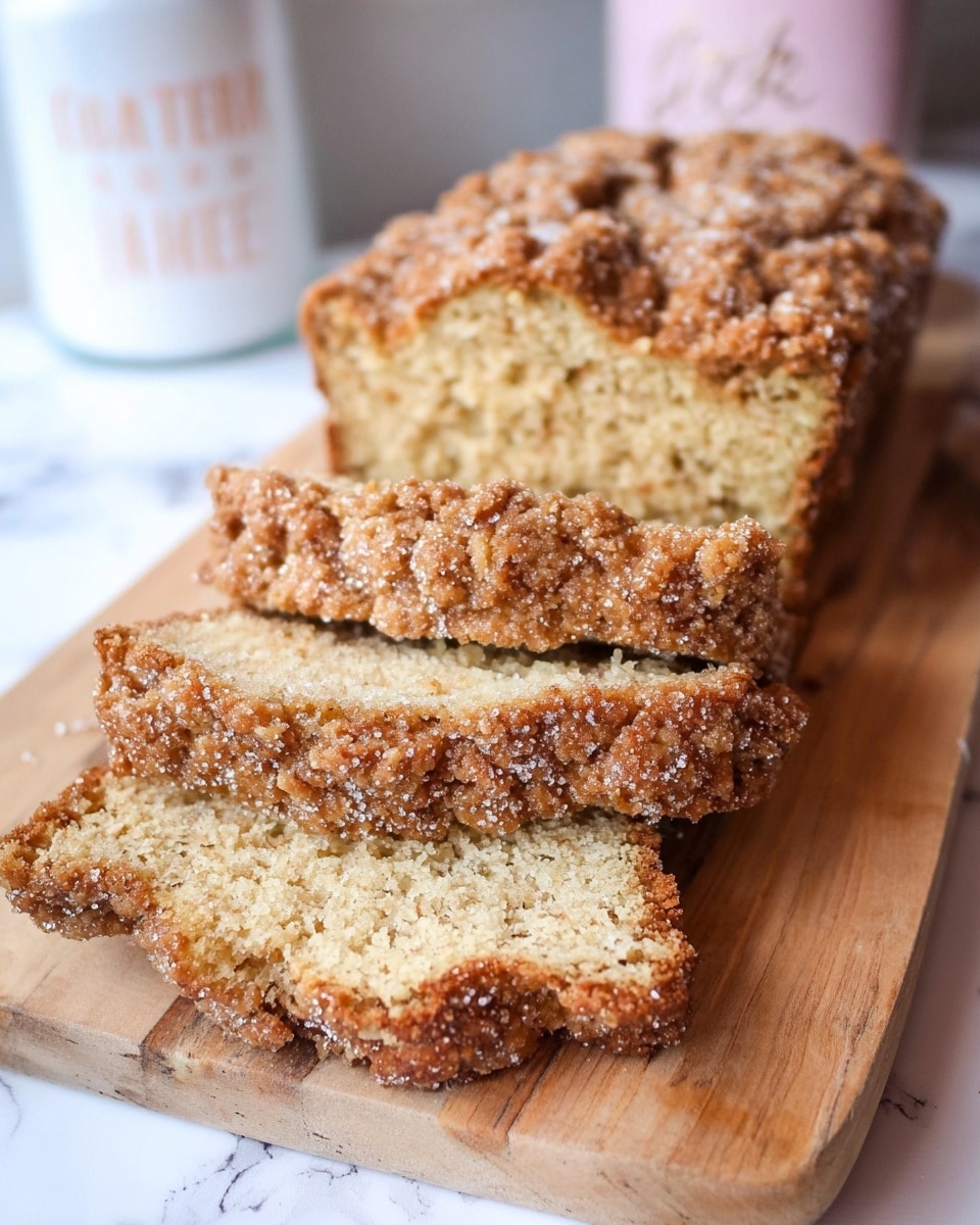 A loaf of crumb-topped bread sits sliced on a wooden board with three visible slices fanned out in front. The bread has a golden brown crust covered with a rough crumb topping dusted with coarse sugar, giving it a slightly sparkling look. The inside of the bread is light tan, soft, and porous showing an airy texture with small holes. The crumb topping is thick and uneven, contrasting with the moist and tender inside. In the blurred background, there is a white marbled surface and a white cookie jar with light pink lettering. photo taken with an iphone --ar 4:5 --v 7