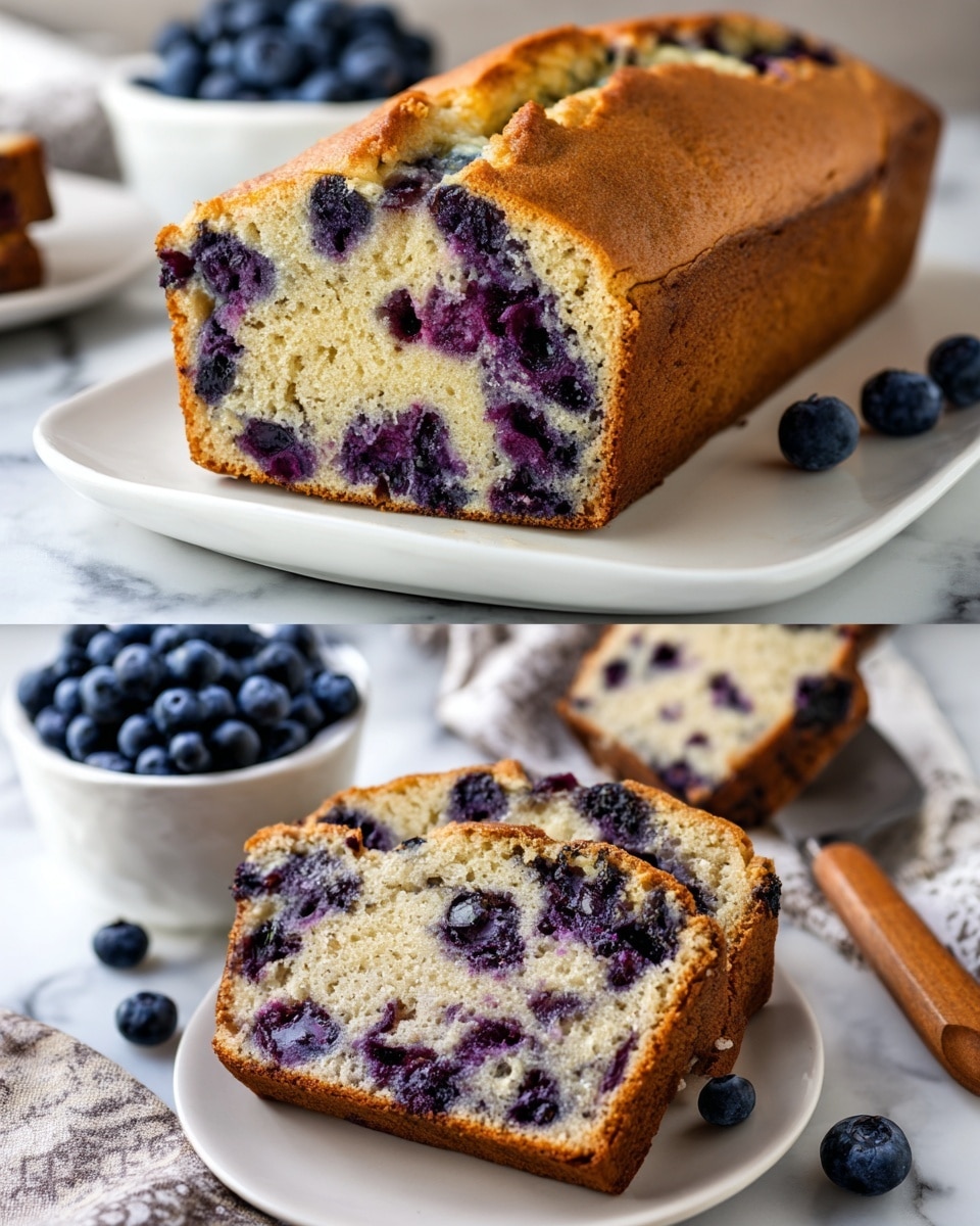 The image shows a loaf of blueberry bread with a golden-brown crust on top and a soft inside filled with juicy dark blue blueberries. The first part shows a thick slice of the bread on a white plate, sitting on a white marbled surface, with the bread’s inside crumb looking light beige and dotted with dark blueberry patches and some purple juice streaks. The second part shows the whole loaf with a cracked top exposing the berries inside, a few slices cut off and placed near it, and a small white bowl filled with fresh blueberries beside a white bowl of bread with a wooden spatula, all laid on a white marbled background. photo taken with an iphone --ar 4:5 --v 7