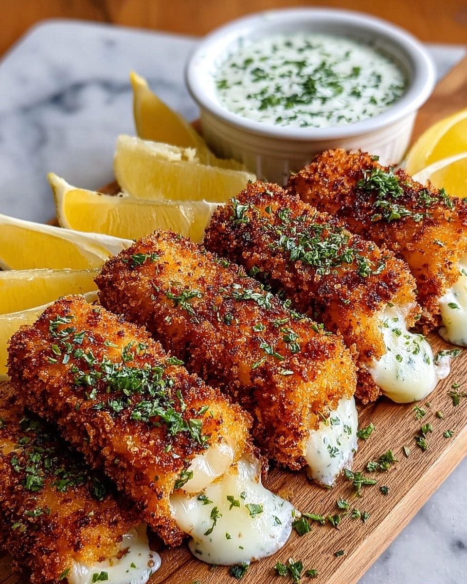 The image shows five crispy fried mozzarella sticks arranged in a row on a wooden board. Each stick has a golden brown, crunchy crust with some melted white cheese oozing out in the middle. The sticks are sprinkled with small green herbs on top for garnish. Behind the mozzarella sticks, there is a small white bowl filled with creamy white dipping sauce with green flecks mixed in, likely herbs. Three lemon wedges are placed around the bowl and mozzarella sticks. The whole setup is on a white marbled surface. photo taken with an iphone --ar 4:5 --v 7