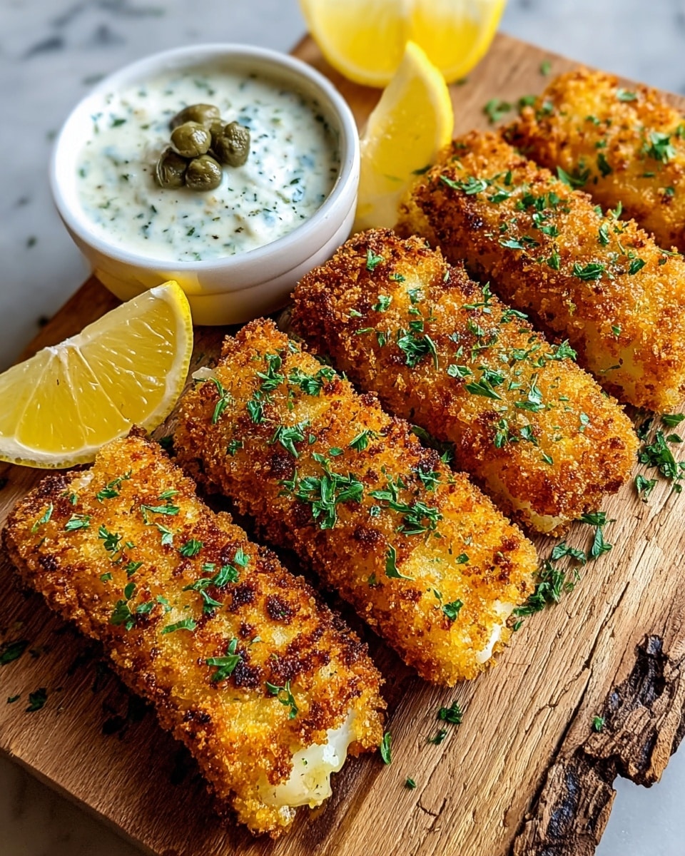 The image shows six crispy golden-brown fried fish sticks arranged in two neat rows on a rough wooden board. Each stick is coated with a crunchy breadcrumb layer and sprinkled with finely chopped green herbs. Behind the fish sticks, there are four lemon wedges with bright yellow color, lined up in a row. To the left of the fish sticks, a small white bowl holds a creamy white dipping sauce with visible capers and herbs on top. The photo is taken on a white marbled texture surface. photo taken with an iphone --ar 4:5 --v 7