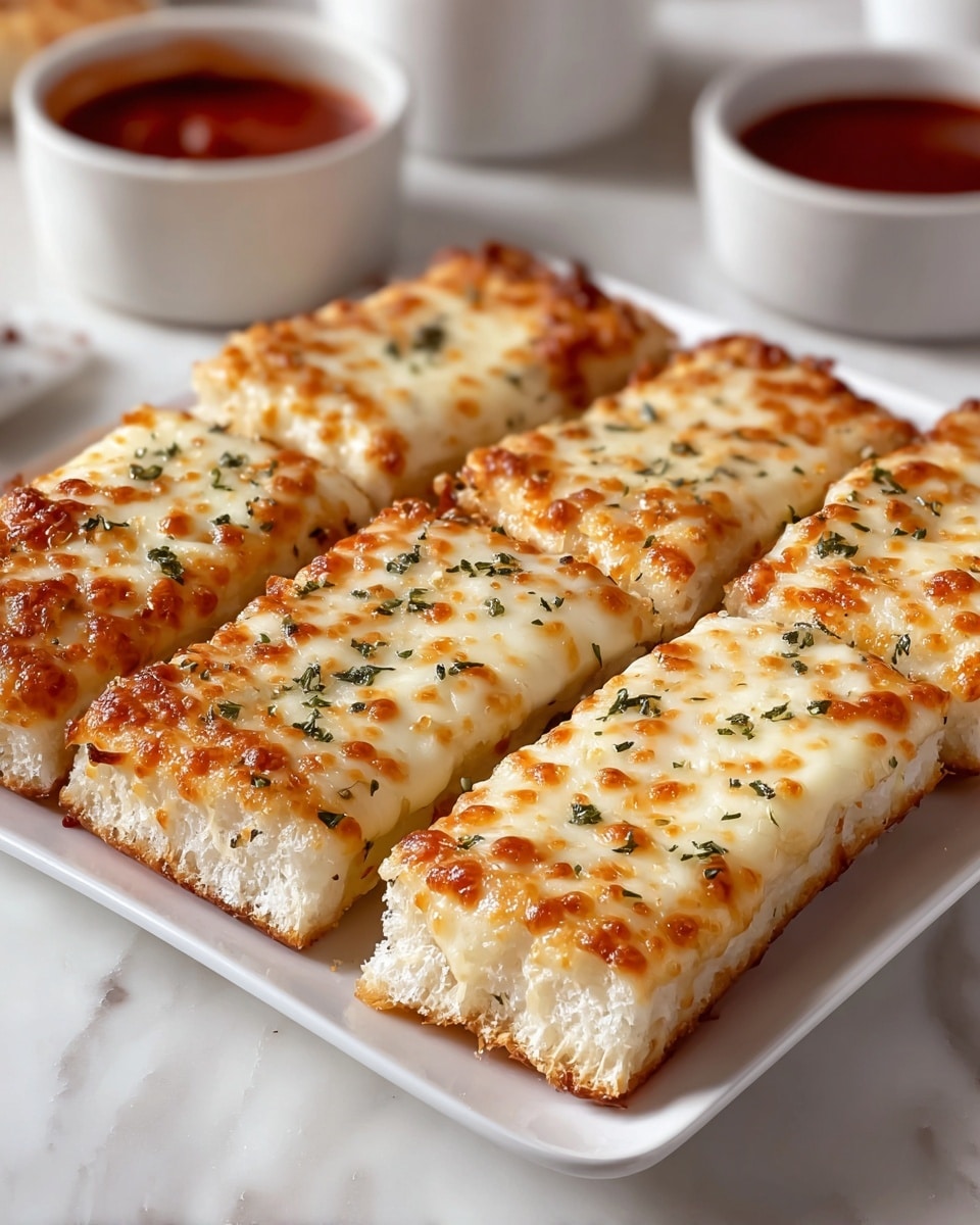 The image shows six rectangular pieces of cheesy breadsticks arranged in two rows of three on a white square plate. Each breadstick has a golden-brown top layer of melted, bubbly cheese sprinkled with small green herb flakes. The bread underneath looks fluffy and soft with a slightly toasted edge. In the background, there are small white bowls with marinara and possibly garlic or butter sauce, all placed on a white marbled surface. The lighting highlights the shiny, gooey texture of the cheese, making the breadsticks look hot and fresh. photo taken with an iphone --ar 4:5 --v 7