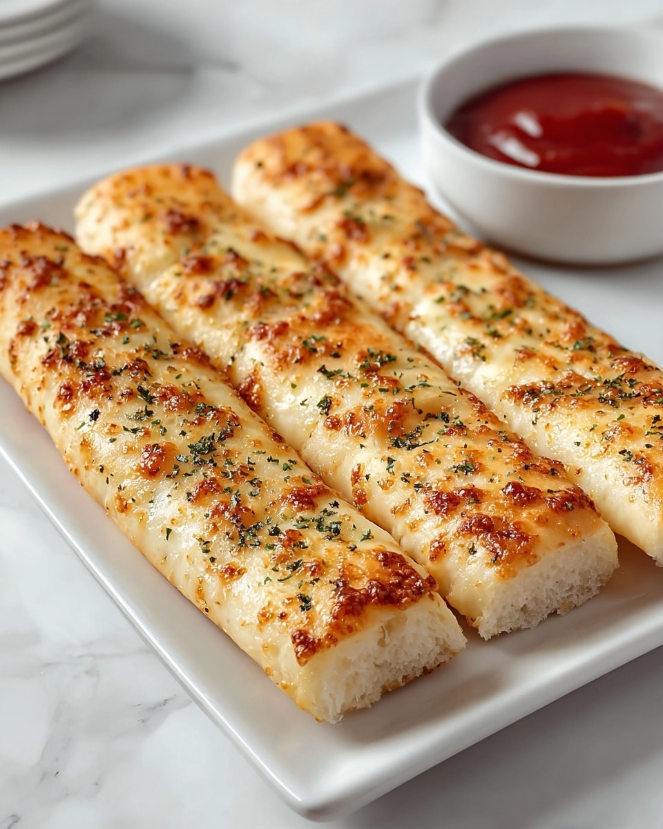 Four long rectangular sticks of bread with a golden, slightly crispy top, sprinkled with green herbs, are neatly placed side by side on a white rectangular plate. The bread has a soft, fluffy inside with a light brown crust on the edges. In the back, there is a small white bowl filled with red dipping sauce. All of this is set on a white marbled surface. photo taken with an iphone --ar 4:5 --v 7