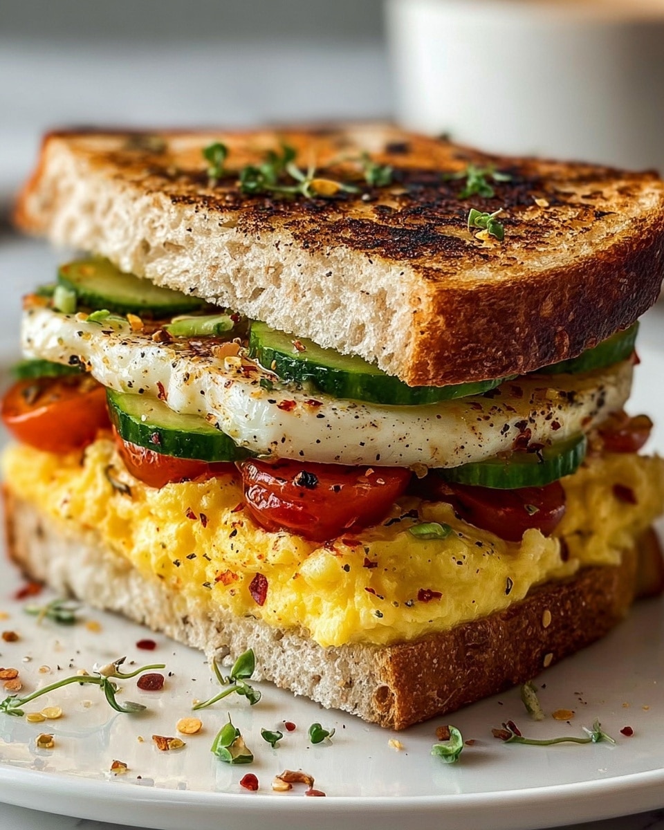 A close-up image of a sandwich with three layers on a white plate, set on a white marbled surface. The bottom layer is a thick, light beige slice of bread with visible grains and seeds, topped with a layer of bright yellow scrambled eggs. Above the eggs are slices of green cucumber and halved roasted cherry tomatoes with a slightly charred red skin. The next layer is a white, cooked egg white patty sprinkled with black and red pepper flakes. The sandwich is topped with another thick slice of toasted bread, showing a golden-brown surface with some char marks and sprinkled with small green herbs. There are small green herbs and specks of black pepper scattered on the plate around the sandwich. Photo taken with an iphone --ar 4:5 --v 7