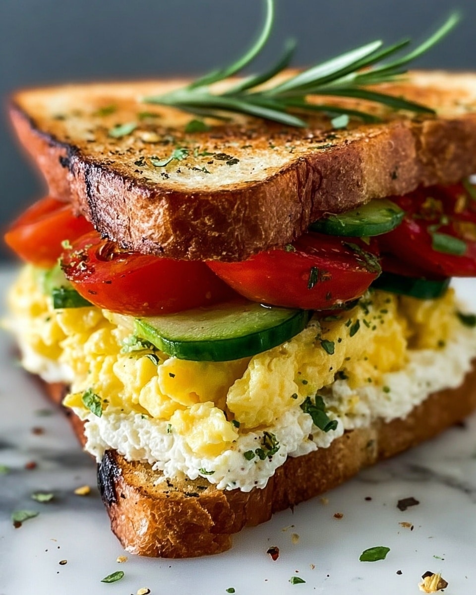 A toasted sandwich with three visible layers between two slices of golden brown toasted bread, each slice sprinkled with herbs and a small green rosemary sprig on top. The bottom layer is soft white cheese with a crumbly texture, topped with a few green herb flakes. Above the cheese are fresh cucumber slices, bright green with a smooth texture. Next is a yellow scrambled egg layer, slightly spiced with black pepper. On top of the egg is a thick, juicy red tomato slice garnished with green herbs. The sandwich rests on a surface with a white marbled texture. Photo taken with an iphone --ar 4:5 --v 7