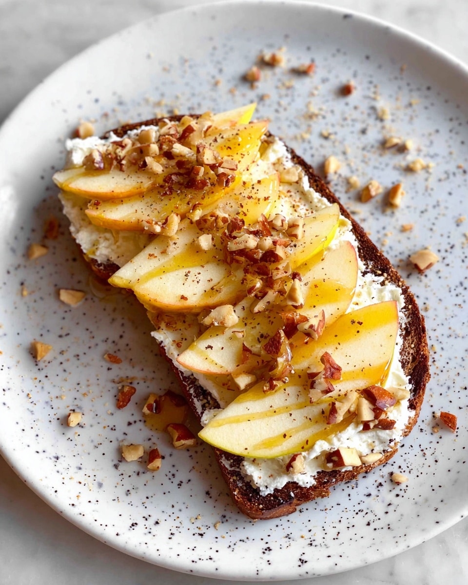A single slice of dark toasted bread sits on a large white plate with small black specks. The bread is covered with a thick layer of white creamy spread, topped with several thin, pale yellow apple slices arranged in a slightly overlapping, curved line. Small pieces of chopped brown nuts are scattered generously across the apple slices, and a thin drizzle of golden honey runs diagonally over everything. Tiny black specks, likely ground pepper, are sprinkled lightly over the top and plate. The setting is on a white marbled texture. Photo taken with an iphone --ar 4:5 --v 7