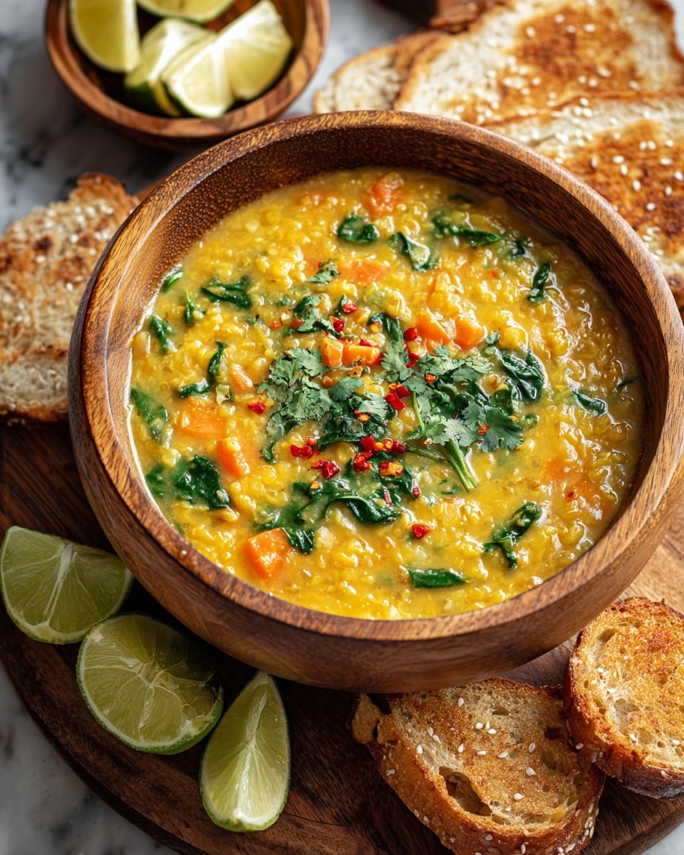 A wooden bowl filled with thick yellow lentil soup mixed with green spinach leaves and small orange carrot pieces, topped with chopped fresh cilantro and small bits of red chili, placed on a wooden board. Around the bowl, there are four lime wedges with a glossy green outer skin and a white inside, two slices of toasted bread with a crispy golden outside and soft crumb inside, and small pieces of flatbread with sesame seeds in the background. A small wooden dish with pale green lemon wedges sits near the back. The whole setup is on a white marbled texture. photo taken with an iphone --ar 4:5 --v 7