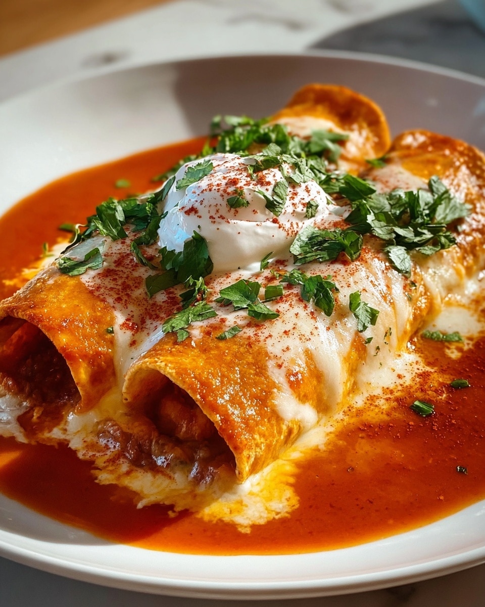 The image shows three rolled tortillas covered in melted golden cheese and a rich orange-red sauce that pools around the edges on a white plate. Each tortilla has a smooth creamy layer of cheese over the top, sprinkled lightly with red paprika and fresh green cilantro leaves for garnish. At the center of the dish is a dollop of white sour cream topped with more cilantro and paprika. The plate sits on a white marbled surface with warm lighting that highlights the glossy texture of the sauce and the melted cheese, creating a fresh, inviting look. photo taken with an iphone --ar 4:5 --v 7