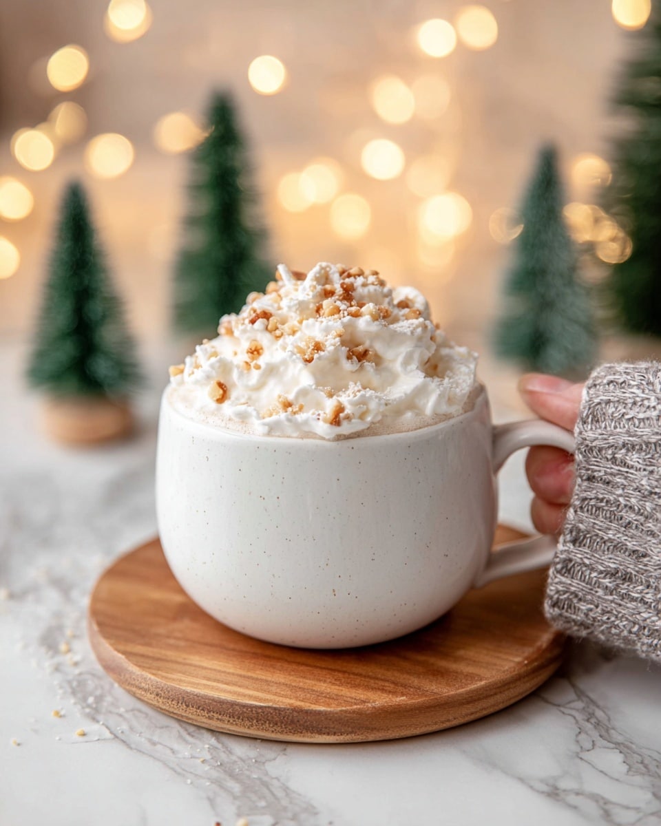 A white mug with a rounded shape sits on a wooden coaster on a white marbled surface. The mug is filled with a creamy drink topped with a thick layer of fluffy white whipped cream that peaks in soft swirls, sprinkled with small chopped nut pieces that add texture and a light brown color contrast. A woman's hand, wearing a gray knitted sleeve, is gently holding the mug handle on the right side. The background shows blurred warm yellow and beige lights and small green miniature Christmas trees, creating a cozy and festive atmosphere. Photo taken with an iphone --ar 4:5 --v 7