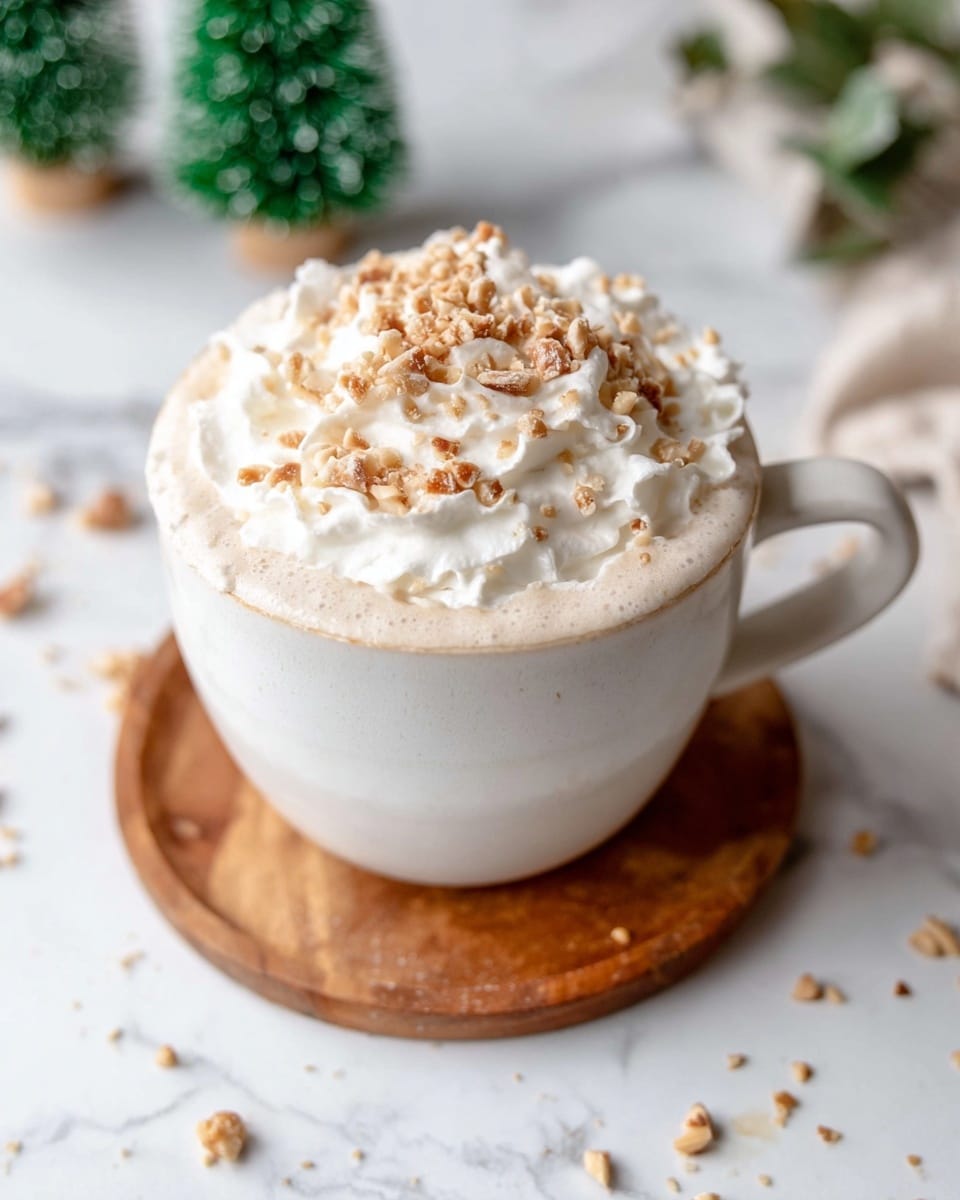 A white cup filled with a creamy light beige drink topped with a thick, fluffy layer of white whipped cream. The whipped cream is sprinkled with small, light brown nut pieces that add texture and color contrast. The cup is placed on a round wooden coaster, and the setting is on a white marbled surface with scattered nut pieces around. In the blurred background, there are small green Christmas tree decorations adding a festive touch. photo taken with an iphone --ar 4:5 --v 7