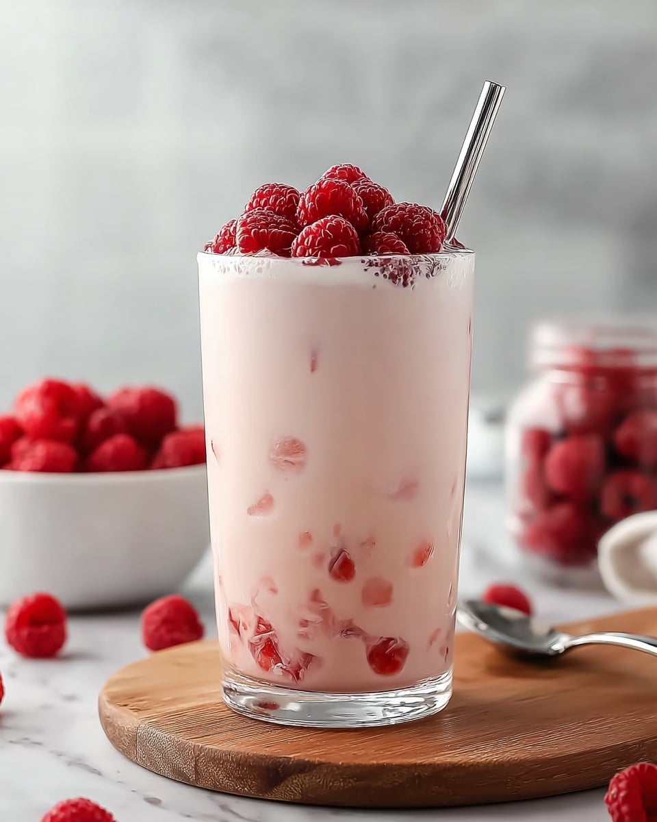 A clear glass filled with a creamy white drink that has small red raspberry pieces scattered inside, topped with whole red raspberries and ice cubes on the surface. The drink has a metal straw placed inside. In the background, on a white marbled texture, there is a white glass with a pink drink and a white straw, and a white bowl filled with red raspberries to the right. Some whole raspberries and small dark brown coffee beans are scattered on the white marbled surface around the glass. photo taken with an iphone --ar 4:5 --v 7