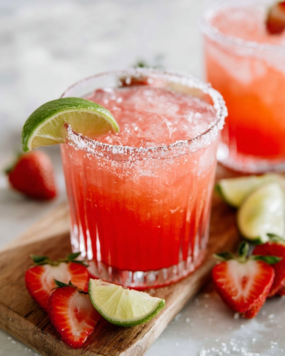 A clear glass with vertical ridges holds a pinkish-red drink filled with small ice cubes, showing a gradient from a deeper red at the bottom to a lighter pink at the top. The glass rim is coated with coarse salt, adding texture. A fresh green lime wedge is placed on the rim of the glass. Around the glass, there are sliced strawberries and lime wedges on a white marbled surface, with a wooden board partially visible under the glass. In the background, another similar drink is slightly out of focus. photo taken with an iphone --ar 4:5 --v 7