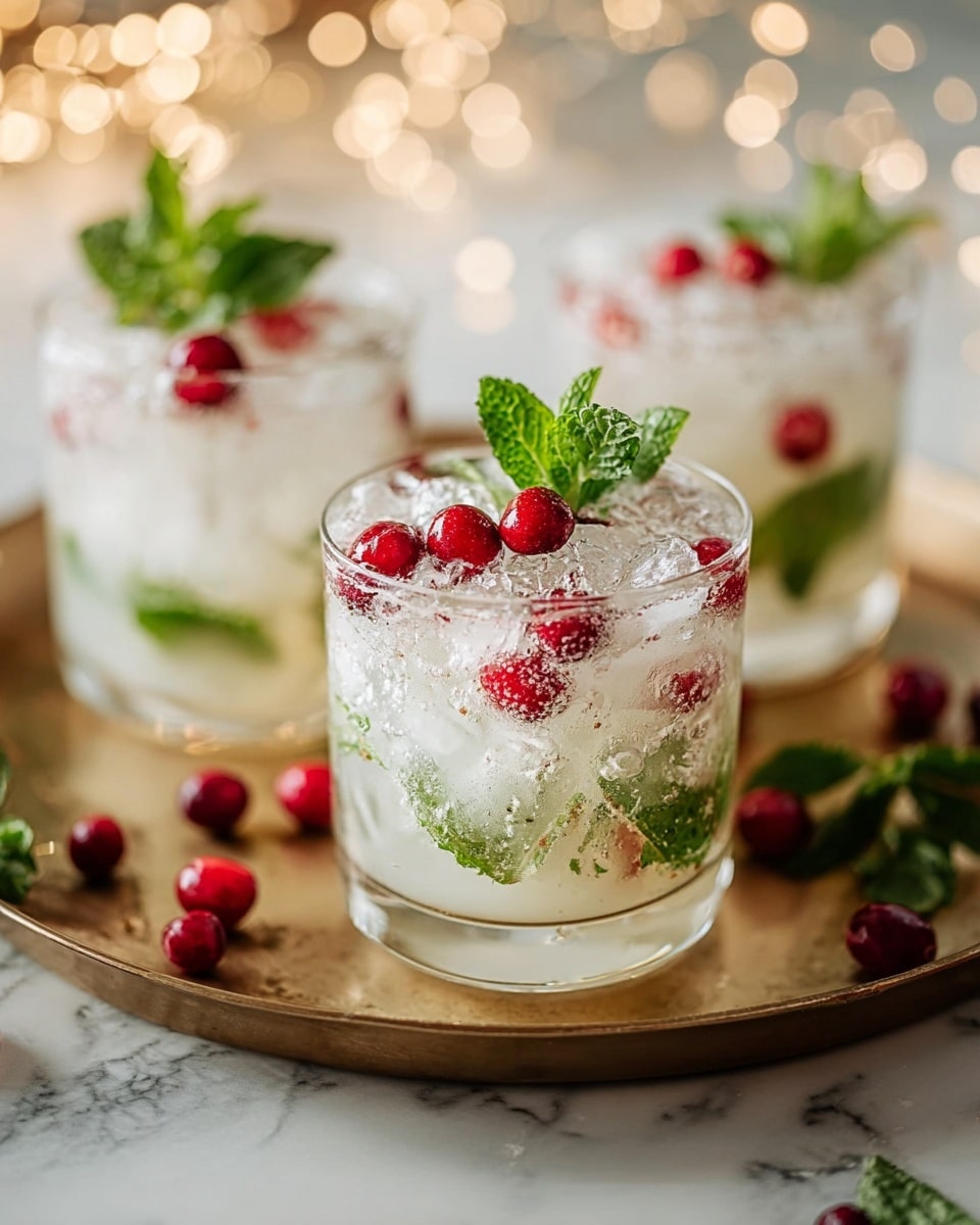 Three clear glasses filled with a white frothy drink, with crushed ice and light green mint leaves inside. Each glass is topped with a small bunch of fresh mint leaves and two bright red berries. The glasses are placed on a textured golden tray on a white marbled surface. Next to the tray are two halved lemons showing their pale yellow inside and two shiny red Christmas ornaments. The background is dark with warm, blurry yellow lights creating a festive feel. photo taken with an iphone --ar 4:5 --v 7