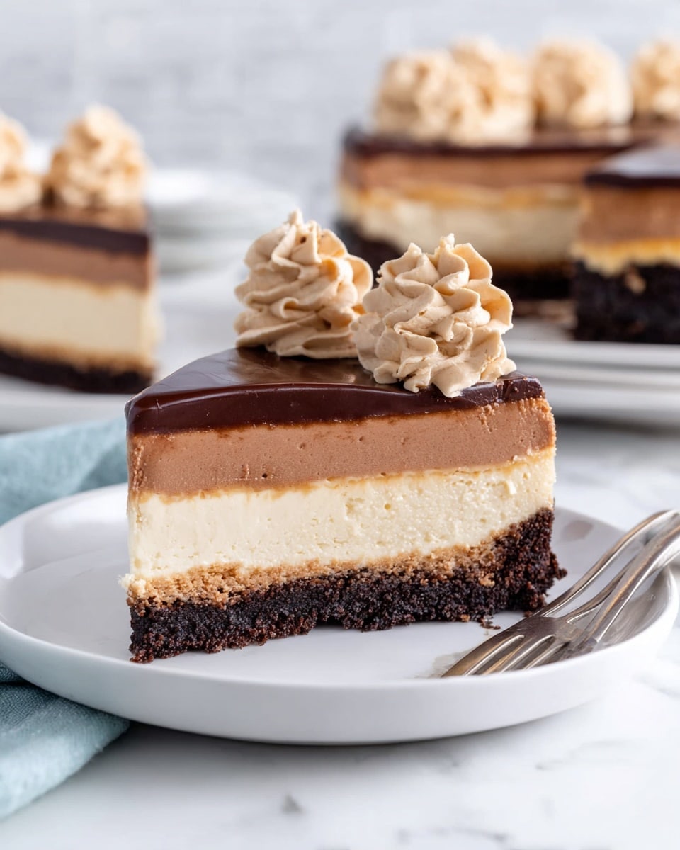 A slice of layered cheesecake sits on a white plate with a fork beside it, placed on a white marbled surface. The dessert shows four clear layers: a thick, dark brown crumbly base, a smooth medium brown chocolate layer above it, then a creamy light beige layer, and a shiny, dark chocolate glaze on top. On the very top, there are two swirls of light brown whipped cream near the back edge of the slice. In the blurrier background, more slices of the same cheesecake rest on a white plate with a pale blue cloth nearby. Photo taken with an iphone --ar 4:5 --v 7