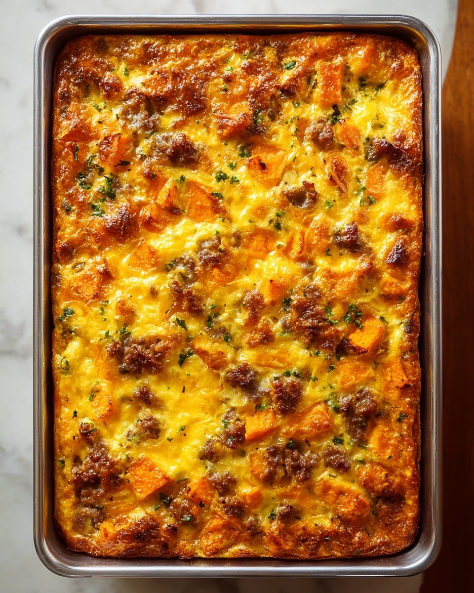 A slice of a baked casserole is held above a white marbled surface. The slice has about three main layers: the bottom layer is light yellow and fluffy, looking like cooked eggs; the middle layer is filled with chunky orange pieces of squash and small green peas mixed with browned sausage bits, giving a mix of orange, green, and brown colors spread throughout; the top layer is a golden yellow melted cheese, slightly browned on spots, sprinkled with small green herbs. The casserole is in a metal baking pan with the rest of the dish visible in the background, and there are crumbs on the wooden surface below. Photo taken with an iphone --ar 4:5 --v 7