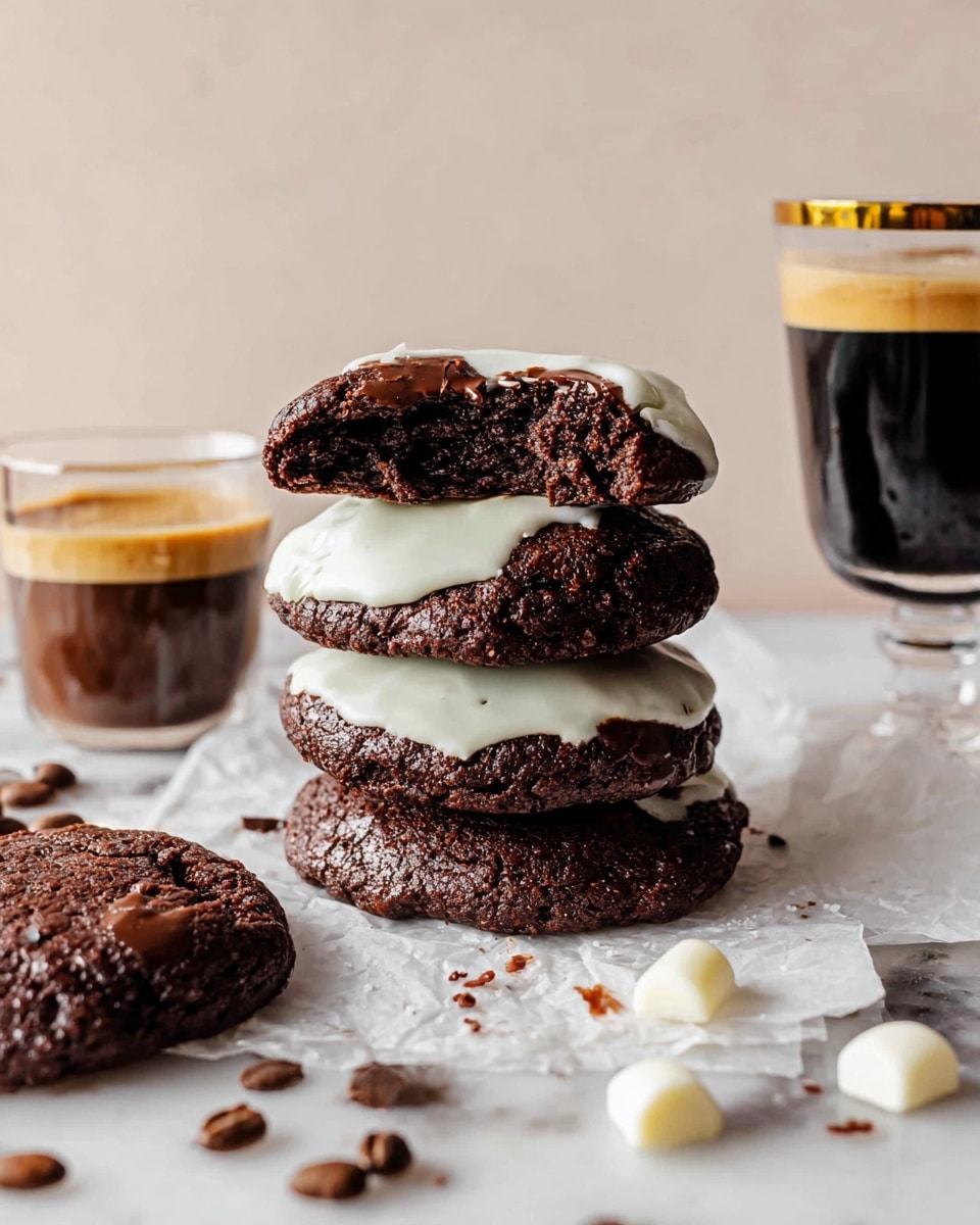 A stack of four dark brown chocolate cookies, three whole and one broken in half on top, showing a soft, moist texture inside, each cookie partially dipped in smooth white icing mostly on the right side; the cookies sit on white parchment on a white marbled surface scattered with coffee beans and white chocolate pieces. To the left is a small glass cup of dark brown espresso with creamy foam on top, and to the right is a tall glass with a black and golden rim filled with a dark drink, all against a soft light background. photo taken with an iphone --ar 4:5 --v 7