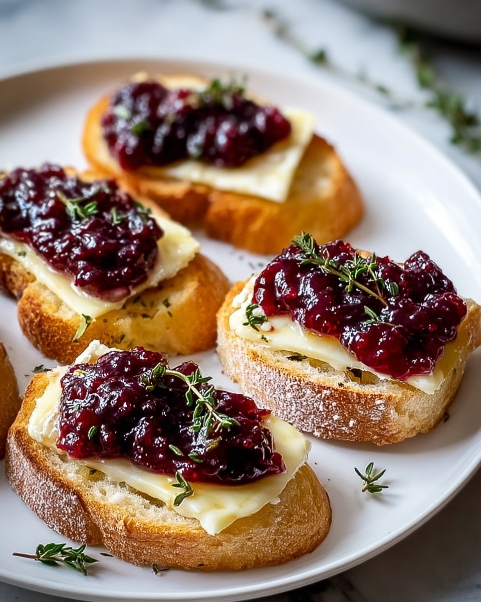 A white plate holds five pieces of toasted bread, each slice golden brown with a crust dusted lightly with flour. On each slice, there is a single layer of creamy, pale yellow cheese with a smooth texture. On top of the cheese, there is a thick layer of dark red berry compote, glossy and chunky with visible seeds. Each slice is garnished with small green thyme sprigs, adding a fresh contrast. The white marbled textured surface underneath the plate adds a clean, bright setting for the dish. Photo taken with an iphone --ar 4:5 --v 7