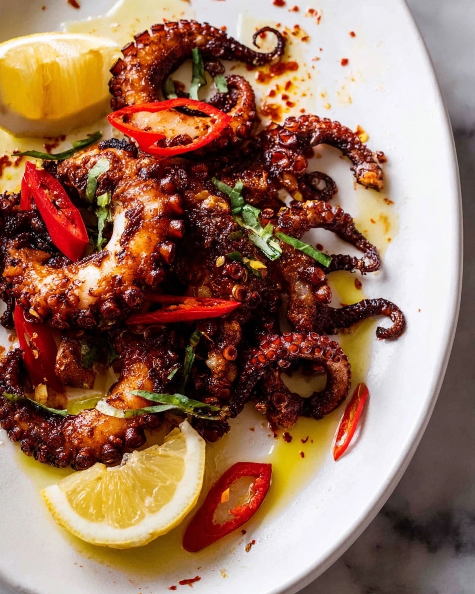 The image shows a white plate with a serving of grilled small octopus, its tentacles curled and dark brown with a slightly crispy texture. There are bright red sliced chili peppers scattered around, adding a pop of color and some small green herbs sprinkled on top. Yellow lemon wedges sit on the plate, their juicy texture contrasting with the rich grilled octopus. The plate has some olive oil and red pepper flakes drizzled around the food, creating a glossy and spicy look. The background features a white marbled surface. photo taken with an iphone --ar 4:5 --v 7