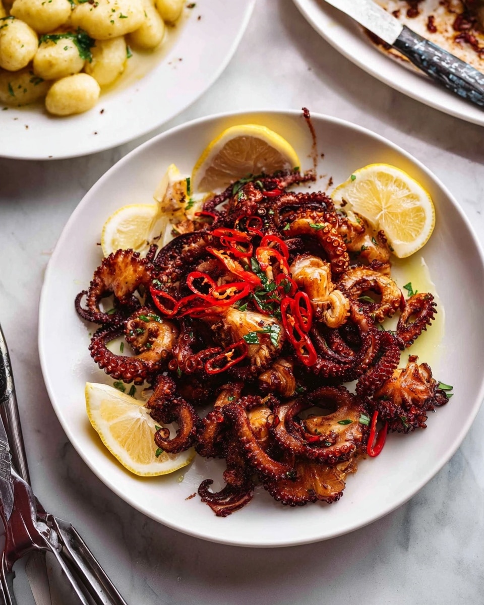 A white plate is filled with a large layer of cooked small octopuses with a deep brown color and a slightly crispy texture. Scattered on top are thin rings of bright red chili peppers adding contrast and a few lemon wedges placed around the edge of the plate, providing a fresh yellow and white touch. Some green herbs are sprinkled over the dish, adding a hint of green. The plate rests on a white marbled surface and is accompanied by metal tongs. In the background, another white plate with light-colored gnocchi and herbs is partly visible. Photo taken with an iphone --ar 4:5 --v 7