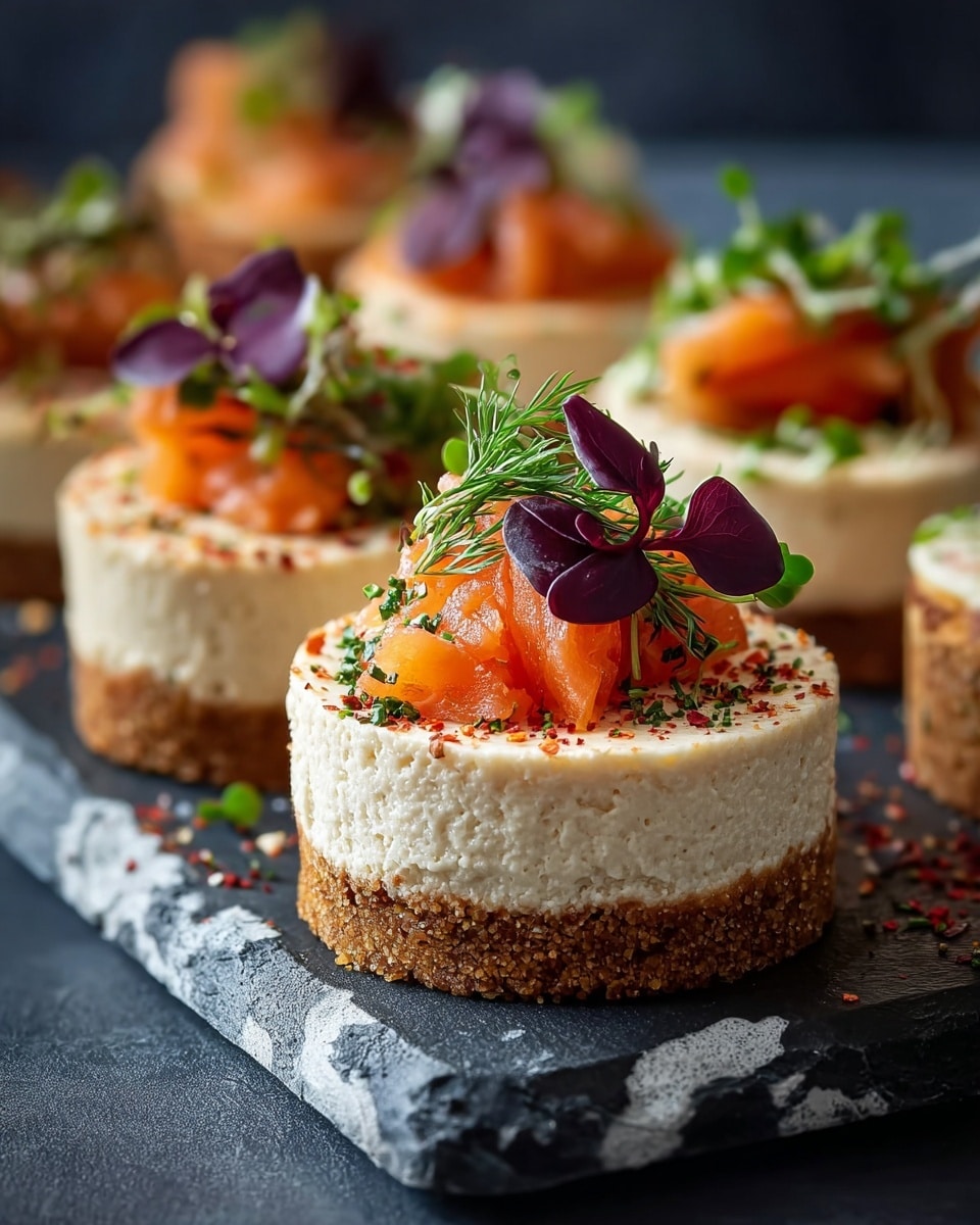 The image shows several round mini cheesecakes with two layers each, placed on a dark slate board with a white marbled texture underneath. The bottom layer is a crumbly brown crust, while the top layer is a smooth, creamy off-white cheese. On each cheesecake, there is a small pile of orange smoked salmon pieces, topped with a purple edible leaf and fresh green herbs, including dill and microgreens. Tiny red seasoning flakes are sprinkled on the cheese layer, adding color and texture contrast. The background softly blurs, highlighting the front cheesecake in sharp focus. photo taken with an iphone --ar 4:5 --v 7