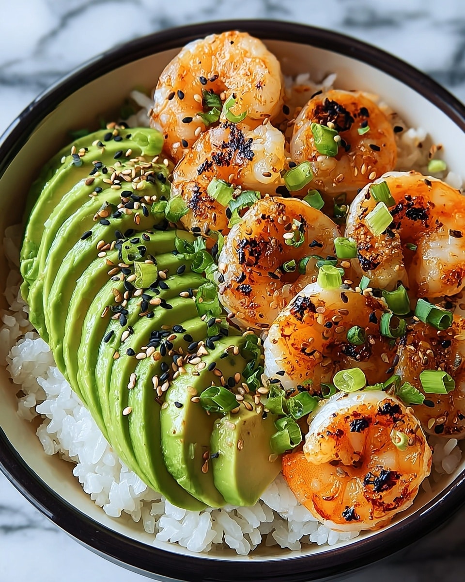 A close-up view of a bowl showing three layers: the first layer at the bottom consists of white rice with a soft texture, the second layer on top is a group of cooked shrimp with a bright orange-pink color and a slightly glossy look with black and white sesame seeds sprinkled on them, and the third layer on one side shows neatly sliced avocado with smooth light green slices arranged in a row, garnished with a few chopped green onions. The bowl is white, and the background is a white marbled texture. photo taken with an iphone --ar 4:5 --v 7