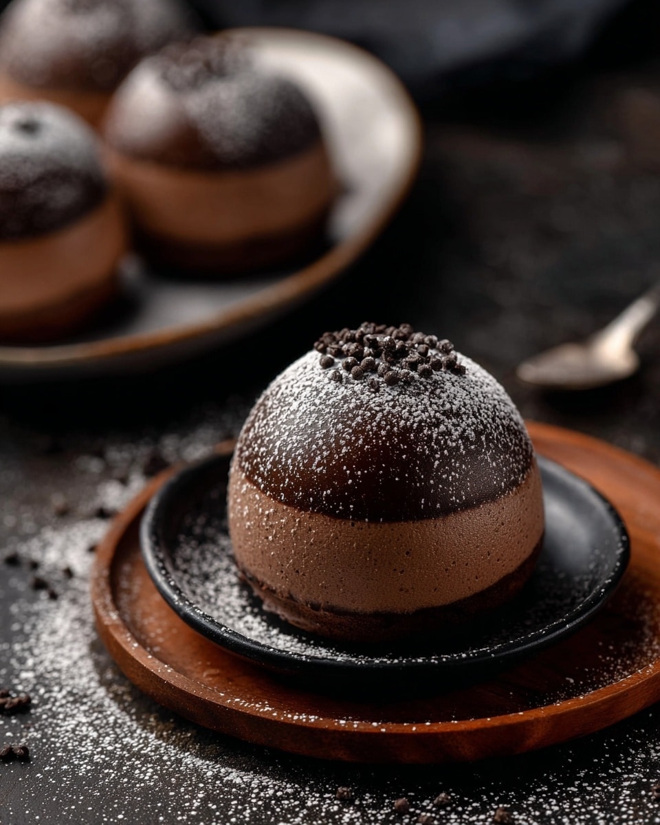 The image shows four round chocolate cookies on a white plate sitting on a white marbled surface. Each cookie has two thick dark chocolate layers on the top and bottom, with a thick, smooth, creamy light brown chocolate filling layer in the middle. The dark chocolate surfaces of the cookies are dusted with small white powdered sugar specks, adding texture and contrast. The cookies are arranged close to each other, with soft lighting highlighting their shiny, rich, and slightly rough textures. photo taken with an iphone --ar 4:5 --v 7