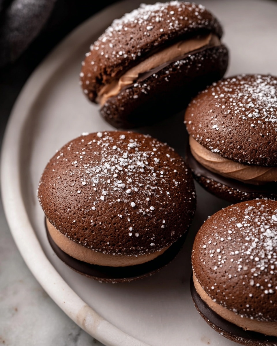 The image shows a dark chocolate dessert with three visible layers: the bottom layer is a thick, shiny dark chocolate dome, the middle layer is a smooth, light brown chocolate mousse filling that is creamy and soft, and the top layer has a strip of small dark chocolate chips or nibs along one side and a light dusting of powdered sugar over the entire dessert. The dessert is placed on a small black plate, which sits on a wooden plate, all set on a dark surface with scattered powdered sugar. In the background, there is a white plate with more of these chocolate desserts, out of focus. photo taken with an iphone --ar 4:5 --v 7