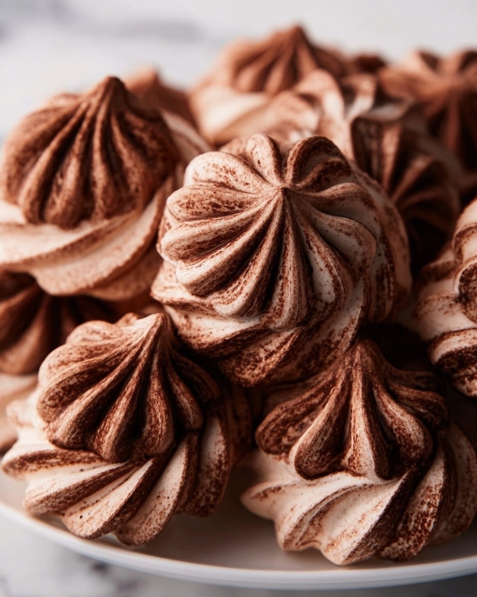 The image shows several small, swirled chocolate meringue cookies piled closely together. Each cookie has a smooth, airy texture with defined ridges and peaks, displaying rich dark brown and lighter brown shades that highlight the swirled pattern. The cookies are arranged on a white plate, placed against a white marbled surface that softly reflects light, making the chocolate color stand out. The meringues have a glossy finish and a delicate, crisp appearance. photo taken with an iphone --ar 4:5 --v 7