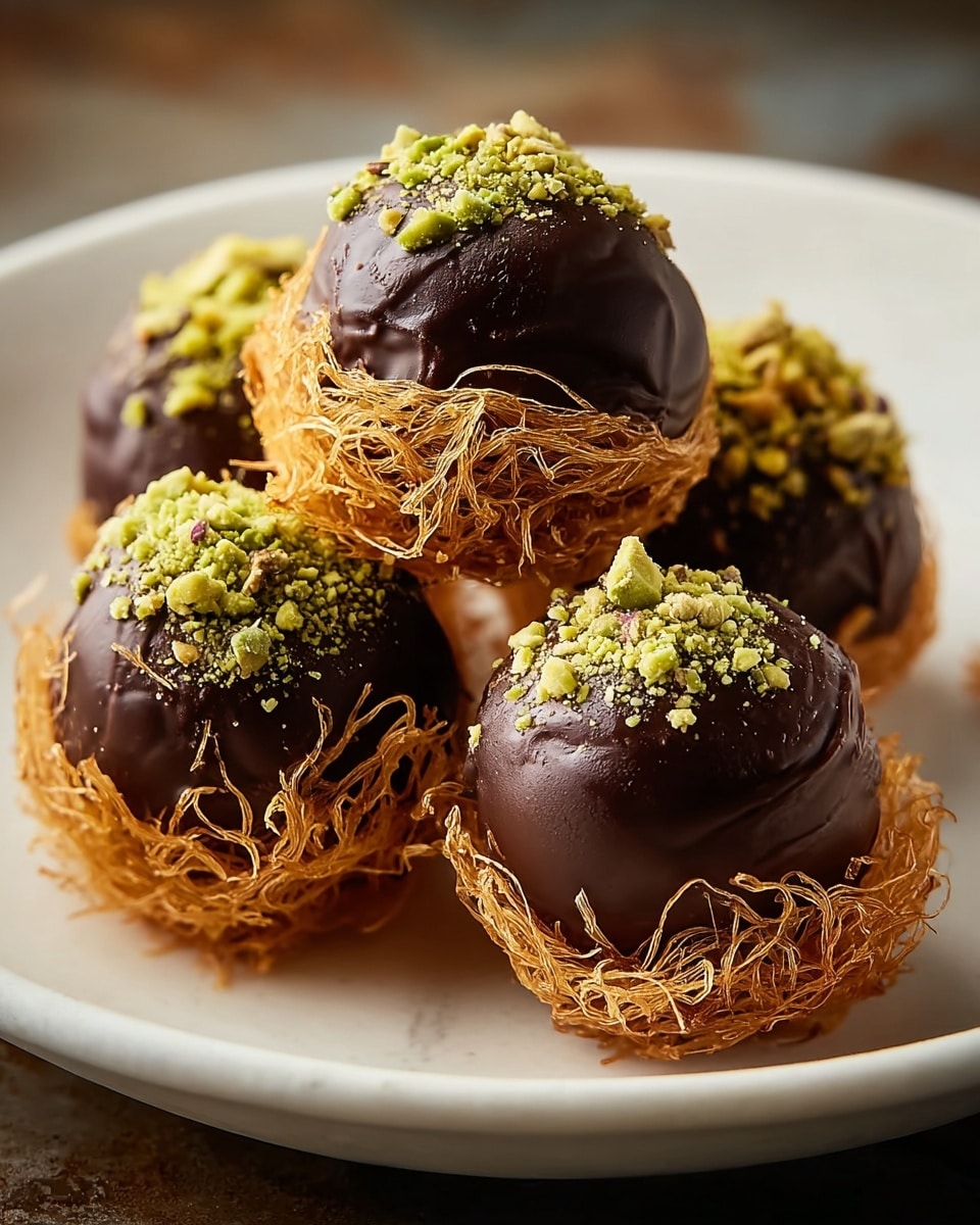 The image shows a stack of six round chocolate truffles on a white plate, each covered with smooth, dark chocolate coating. At the base of each truffle, there is a nest-like layer of thin, golden-brown crispy strands that add a textured look. The top of each truffle is sprinkled with finely crushed green pistachios, adding a bright contrast. One truffle is cut in half, revealing three layers: the outer dark chocolate, followed by a thick, smooth chocolate layer, and inside, a dense, green pistachio filling with a coarse texture. The white marbled surface under the plate highlights the rich colors of the truffles. photo taken with an iphone --ar 4:5 --v 7