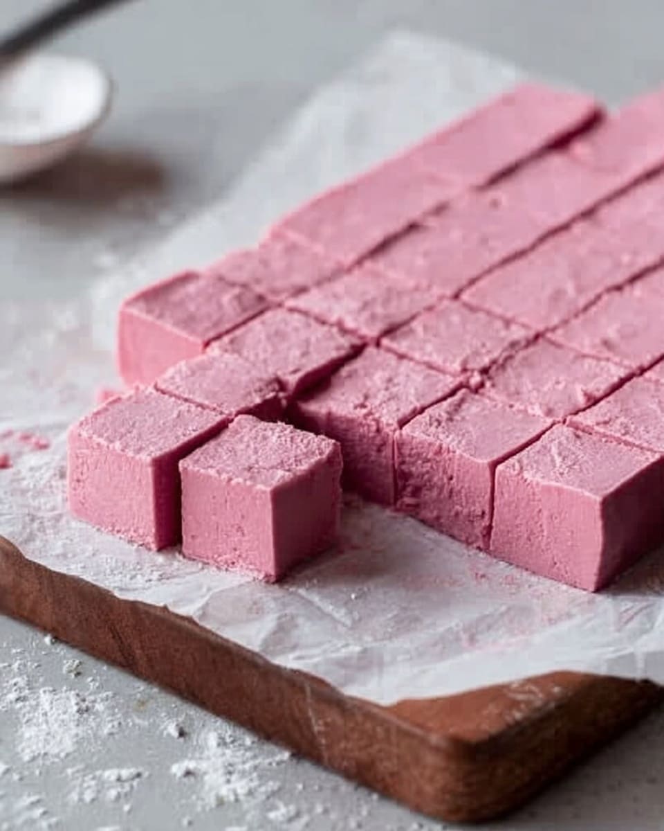 The image shows a wooden board on a white marbled surface with a gray textured cloth underneath. On the board, there are rectangular dark chocolate-covered candies arranged in rows. Two pieces are placed in front, one whole and one cut in half displaying a smooth, bright pink creamy filling inside surrounded by a dark brown chocolate shell. In the foreground, a clear glass bowl contains dark blueberries, adding a touch of deep blue color to the scene. The overall look is clean and simple, highlighting the rich contrast between the dark chocolate and the vibrant pink filling. Photo taken with an iphone --ar 4:5 --v 7