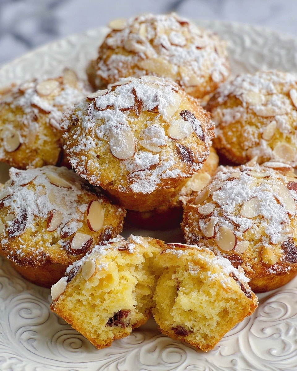 A cluster of round almond cookies is shown piled on a white plate with decorative cut-out edges. Each cookie is covered in thin, light brown almond slices that give a rough texture, and they are dusted with a light layer of powdered sugar, adding a soft white contrast. Darker spots of chocolate or filling peek through the almond coating. The plate rests on a white marbled surface, and a blurry cloth with red and pink flower patterns is in the back. The overall look is warm and inviting, focused closely on the cookies. photo taken with an iphone --ar 4:5 --v 7