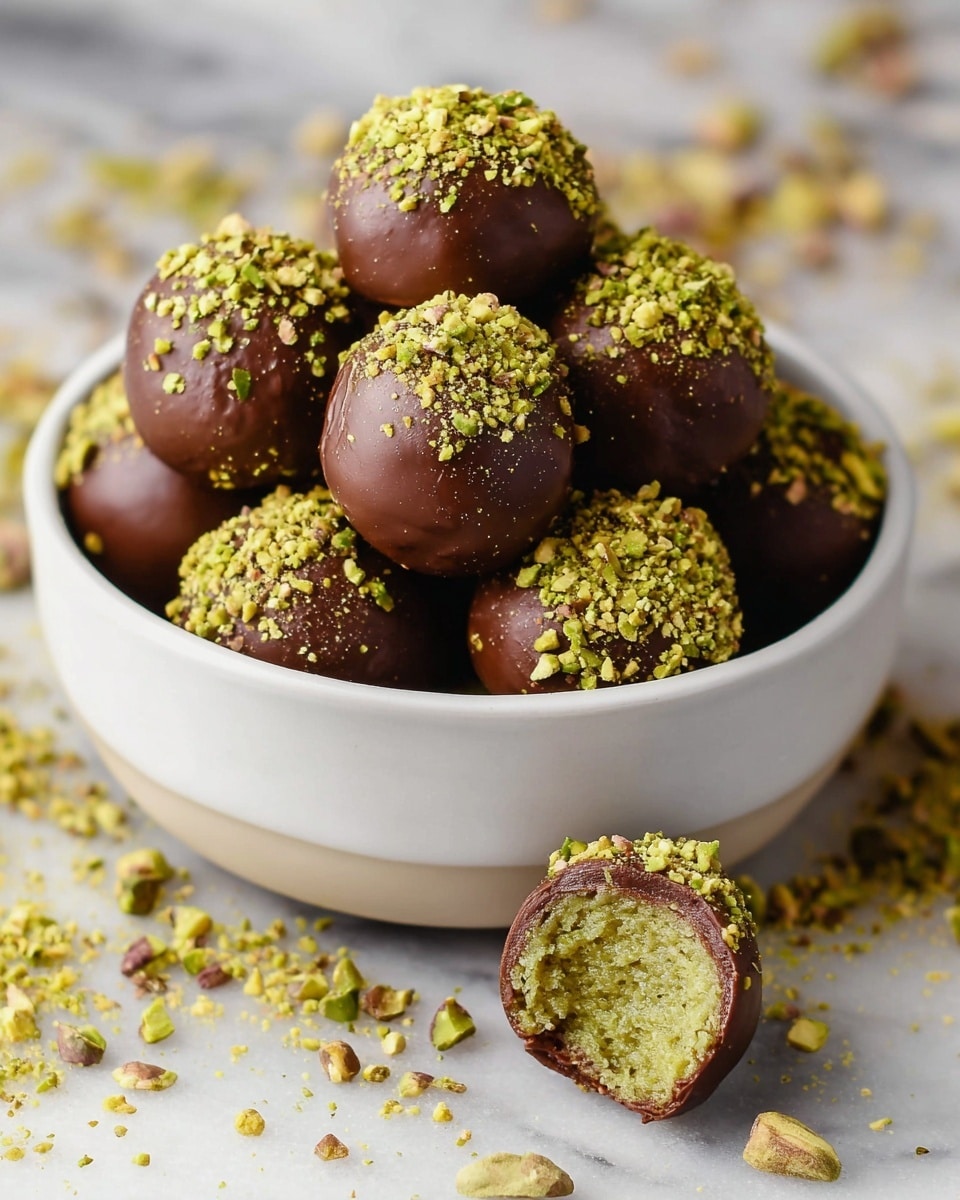 A white bowl filled with round chocolate balls stacked on top of each other, each ball coated with a smooth milk chocolate layer and sprinkled generously with crushed green pistachio nuts on top. One chocolate ball is bitten to show an inside with a textured, light green filling made of finely chopped pistachios or a similar nut mix. The bowl sits on a white marbled surface, with extra crushed pistachios scattered around, creating a fresh and natural look. Photo taken with an iphone --ar 4:5 --v 7