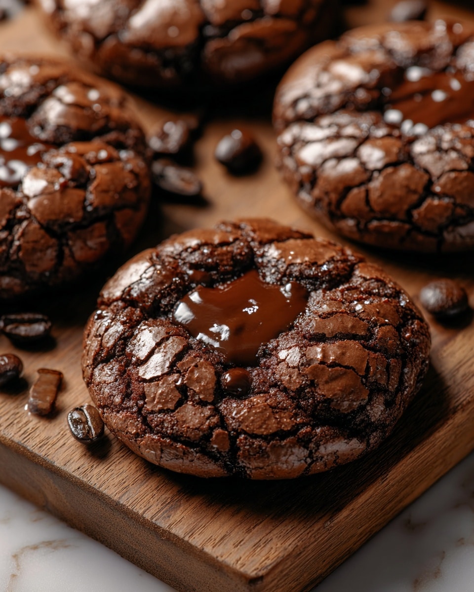 A close-up view shows several thick, round chocolate cookies with cracked tops and a rich, dark brown color. Each cookie has a glossy, melted chocolate center and shiny, uneven surfaces with rough textures. The cookies sit on a wooden board with scattered dark brown coffee beans around them, and the scene is set on a white marbled surface. photo taken with an iphone --ar 4:5 --v 7