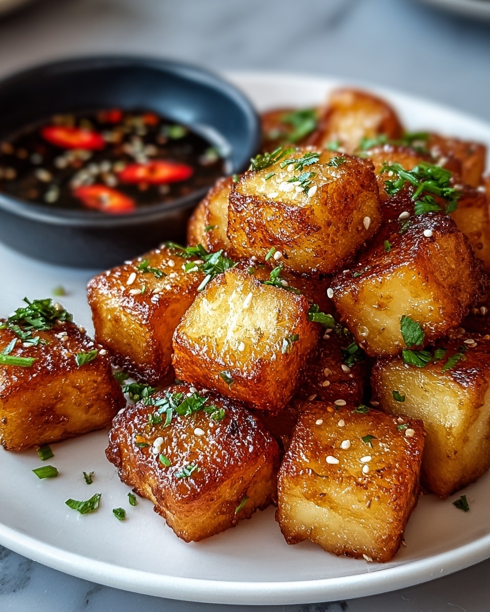 The image shows a white plate filled with two layers of golden brown seared scallops stacked in a pyramid shape. Each scallop is coated with a shiny, slightly oily glaze mixed with pepper flakes and sesame seeds, giving a textured surface. Fresh green herb pieces are sprinkled over the scallops, adding pops of color. In the background, slightly out of focus, there is a small black bowl containing red chili flakes with a red spoon resting beside the scallops. The surface beneath the plate has a white marbled texture. photo taken with an iphone --ar 4:5 --v 7