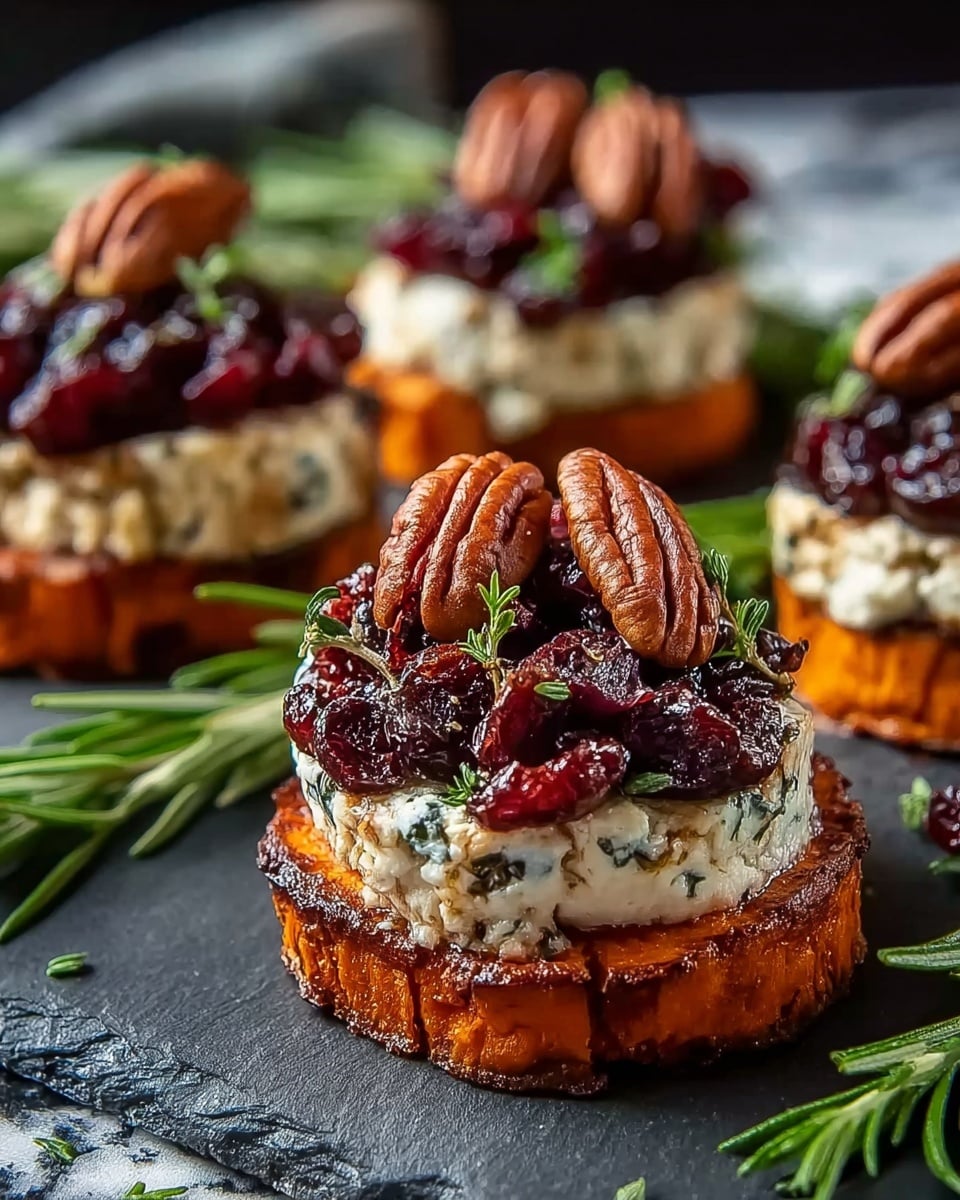 The image shows several small round appetizers made of three layers, starting with a thick, caramelized orange-brown roasted sweet potato base with a slightly crispy edge. On top, there is a thick white round slice of grilled goat cheese with green herb flakes inside. The third layer has a generous pile of dark red dried cranberries and a few shiny brown pecan halves arranged on top. Each appetizer is garnished with a fresh green rosemary sprig standing upright from the center. They are placed on a white marbled surface with a dark, blurred background. Photo taken with an iphone --ar 4:5 --v 7