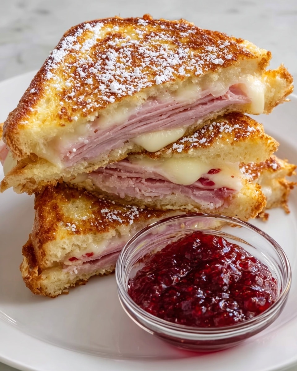 A white plate with two toasted sandwich halves stacked on each other, showing three main layers inside: the top layer is golden-brown toasted bread with a slightly crisp texture, the middle layer is thin pink slices of ham, and the bottom layer is melted creamy white cheese. Both sandwich halves are sprinkled with powdered white sugar on top. Next to the sandwich is a small clear glass bowl filled with bright red chunky berry jam. The plate is set on a white marbled surface. Photo taken with an iphone --ar 4:5 --v 7