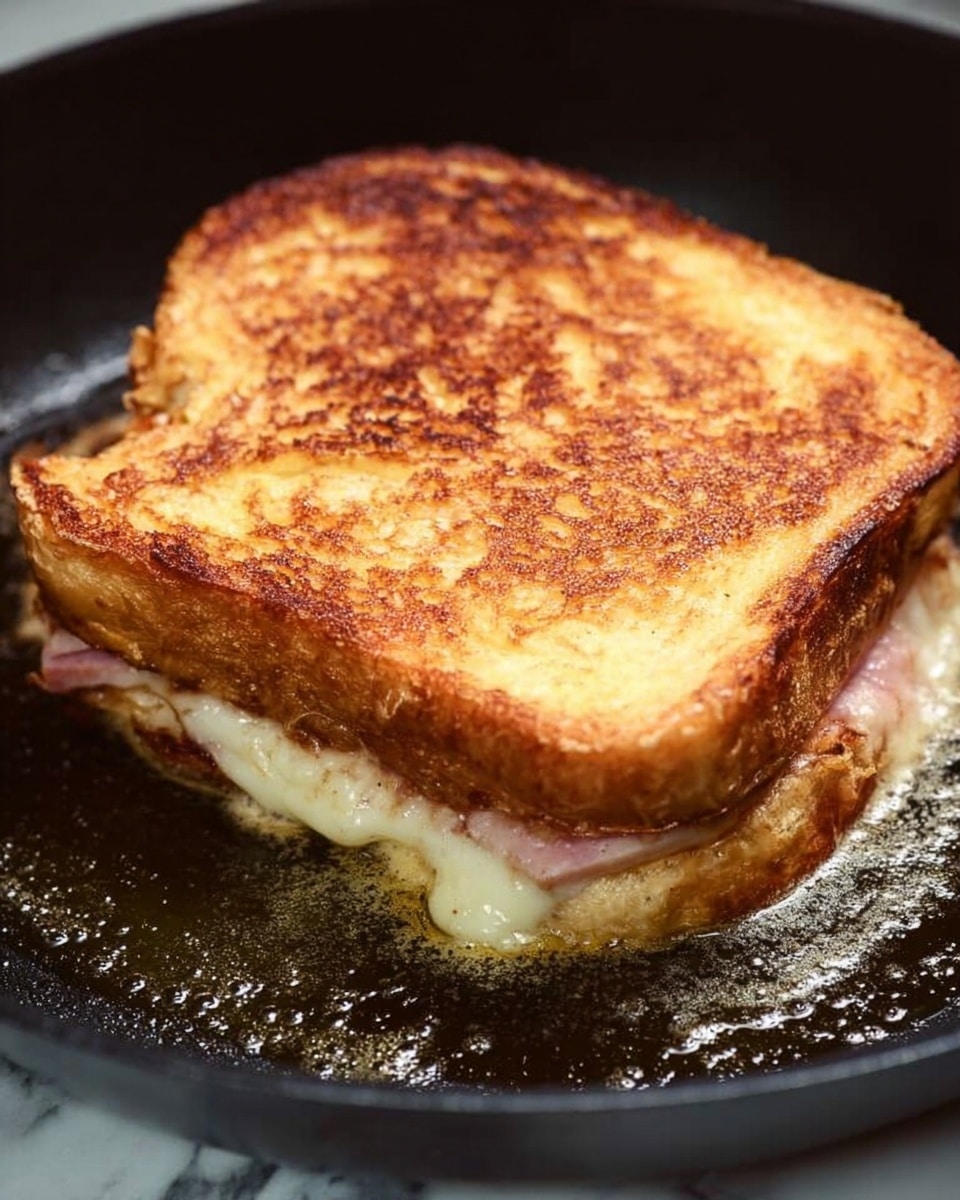 A close-up image of a grilled sandwich cooking in a black pan with melted butter around it. The sandwich has two thick, golden-brown toasted bread slices on the top and bottom, with a crispy crust. Between the bread slices, there is a visible layer of melted white cheese and a light pink layer of ham or similar meat peeking out slightly from the sides. The texture of the cheese looks gooey and creamy, while the bread surface shows a perfect mix of crunchy and soft areas. The background surface is a white marbled texture. photo taken with an iphone --ar 4:5 --v 7