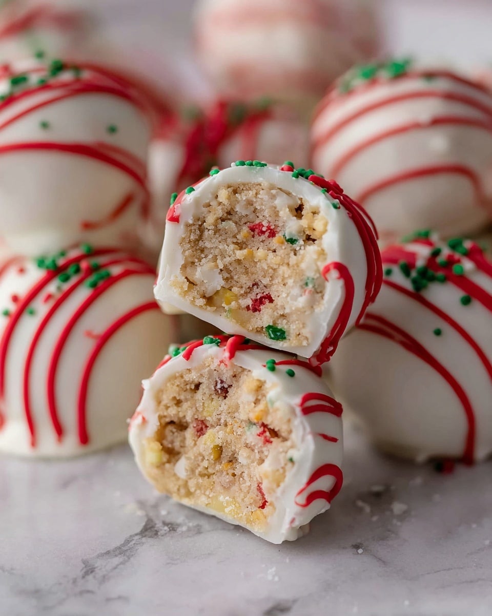 The image shows several round white chocolate-coated truffles placed on a white marbled surface. Each truffle has three red icing stripes running across it, decorated with small green sprinkles. One truffle is cut in half and held up, revealing a dense inside made of beige cookie dough mixed with white chunks and small red and green candy pieces throughout. The texture inside looks crumbly and soft. In the background, more whole truffles are slightly out of focus but maintain the same decoration style. Photo taken with an iphone --ar 4:5 --v 7