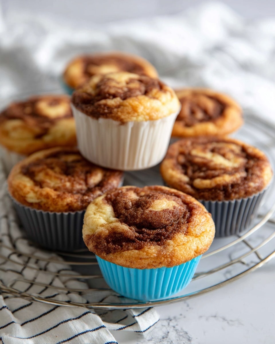 A close-up of six cinnamon swirl muffins arranged on a cooling rack over a white marbled surface. Each muffin has a golden-brown top with a thick, rich, dark brown cinnamon swirl pattern in the center, creating a textured, marbled effect. The muffins sit inside colorful silicone baking cups in light blue, white, and dark gray, with the white cup muffin placed centrally and higher than the others. The muffins have a slightly rounded top with a soft, moist texture visible from the crumb. Soft natural light brightens the scene, and a white cloth with thin black stripes blurs softly in the background. Photo taken with an iphone --ar 4:5 --v 7