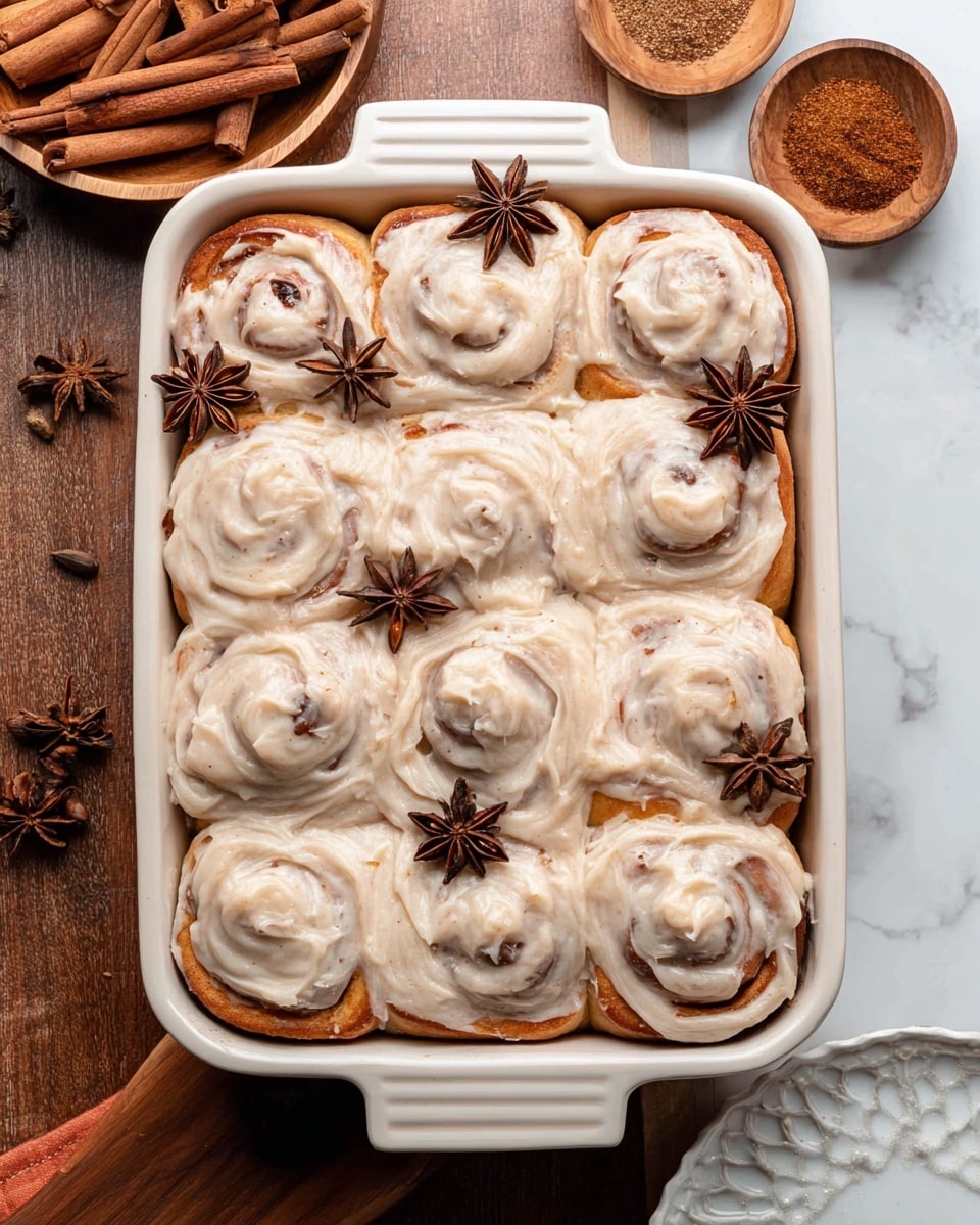 A white baking dish holds twelve cinnamon rolls, arranged in a 3 by 4 grid, each topped with a thick layer of light brown cream cheese frosting that swirls smoothly around the rolls, showing hints of the cinnamon swirl underneath. The cinnamon rolls are soft and golden brown, peeking through the creamy frosting in places. Three dark brown star anise pieces are placed on top as decoration. Around the dish, there is a wooden bowl filled with cinnamon sticks and star anise, a small bowl of ground cinnamon, and a white scalloped plate is partly visible to the side. The surface beneath is a white marbled texture. Photo taken with an iphone --ar 4:5 --v 7