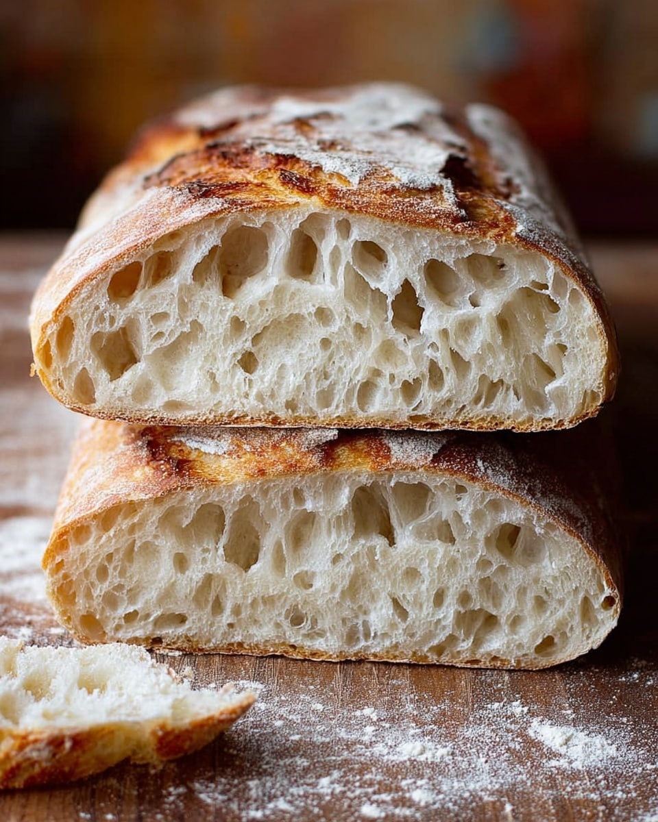 The image shows two halves of a loaf of bread stacked on top of each other, placed on a wooden surface with some white flour scattered around. The bread has a light golden brown crust with a dusting of flour and an uneven, cracked texture. Inside, the bread is airy and soft with large, irregular holes throughout the white crumb. A small piece of torn bread sits in the front bottom left corner. The background is softly blurred. Photo taken with an iphone --ar 4:5 --v 7