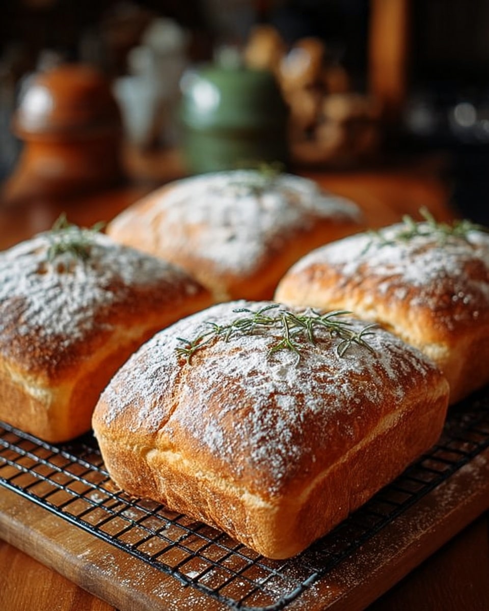 Four golden-brown square bread loaves with light dusting of white flour on top are arranged on a black cooling rack over a wooden board. Each loaf has a slightly crisp crust with cracks and a small sprig of green herb placed on top. The background shows blurred brown and green objects, hinting at a cozy kitchen setting. photo taken with an iphone --ar 4:5 --v 7