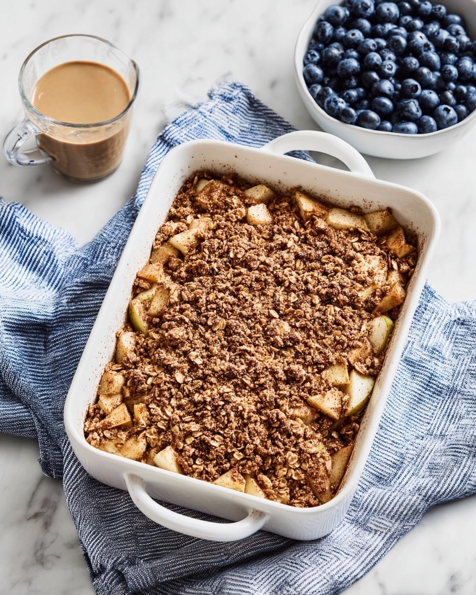 A baked dish is shown in a white rectangular casserole with handles, sitting on a blue and white striped cloth over a white marbled surface. The dish contains roughly three layers: the bottom appears to be a moist mixture of oats, nuts, and small dark-colored bits, the middle layer is filled with light beige to pale brown chopped apple chunks, and the top layer is a crumbly textured mix of oats and small nuts with a light cinnamon dusting giving a warm brown tone. To the right is a white bowl filled with fresh dark blueberries, and at the bottom left corner, there is a small clear glass cup with a light brown creamy sauce. Photo taken with an iphone --ar 4:5 --v 7